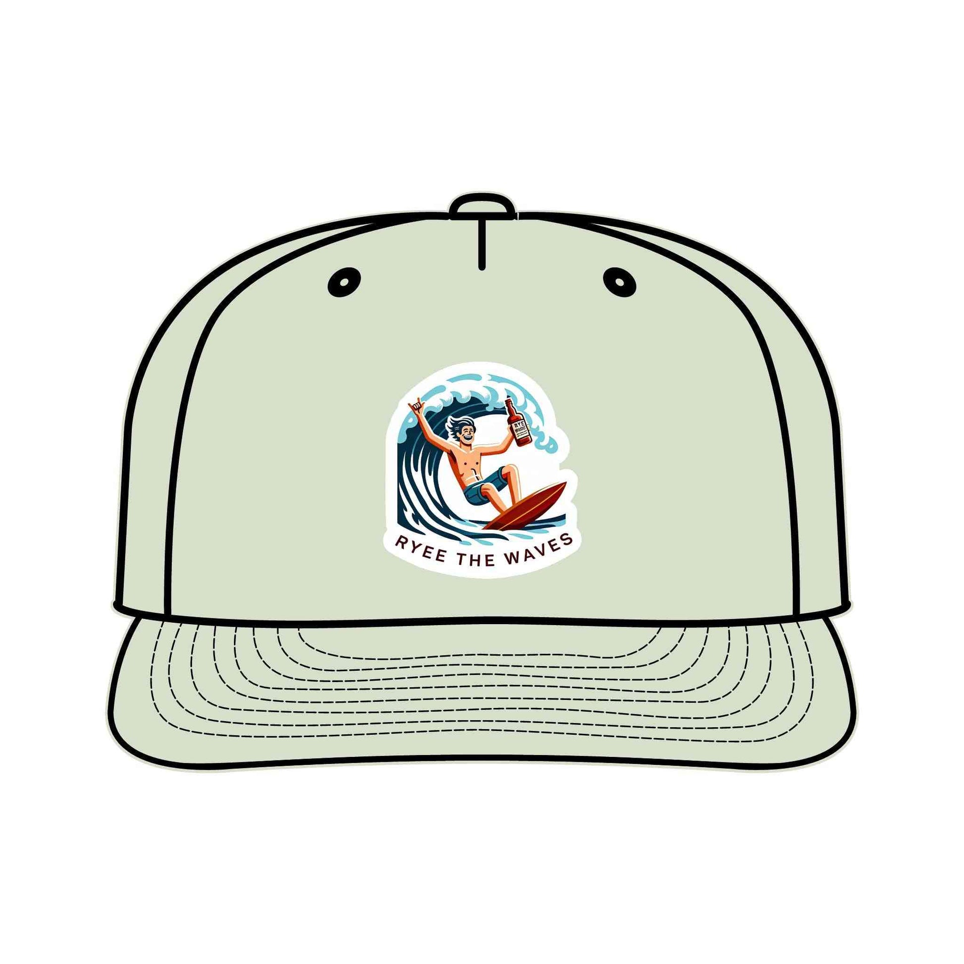 Mint green funny surf drinking hat with cartoon surfer and 'Ryee The Waves' logo, crafted from eco-friendly materials for beach adventures.