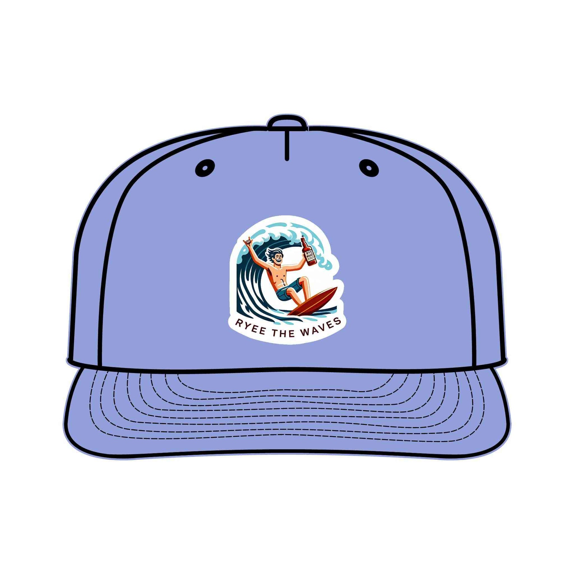Lavender Funny Surf Drinking Hat with quirky surfer design and 'Ryee The Waves' slogan. Lightweight and sustainable cap for stylish surfers.