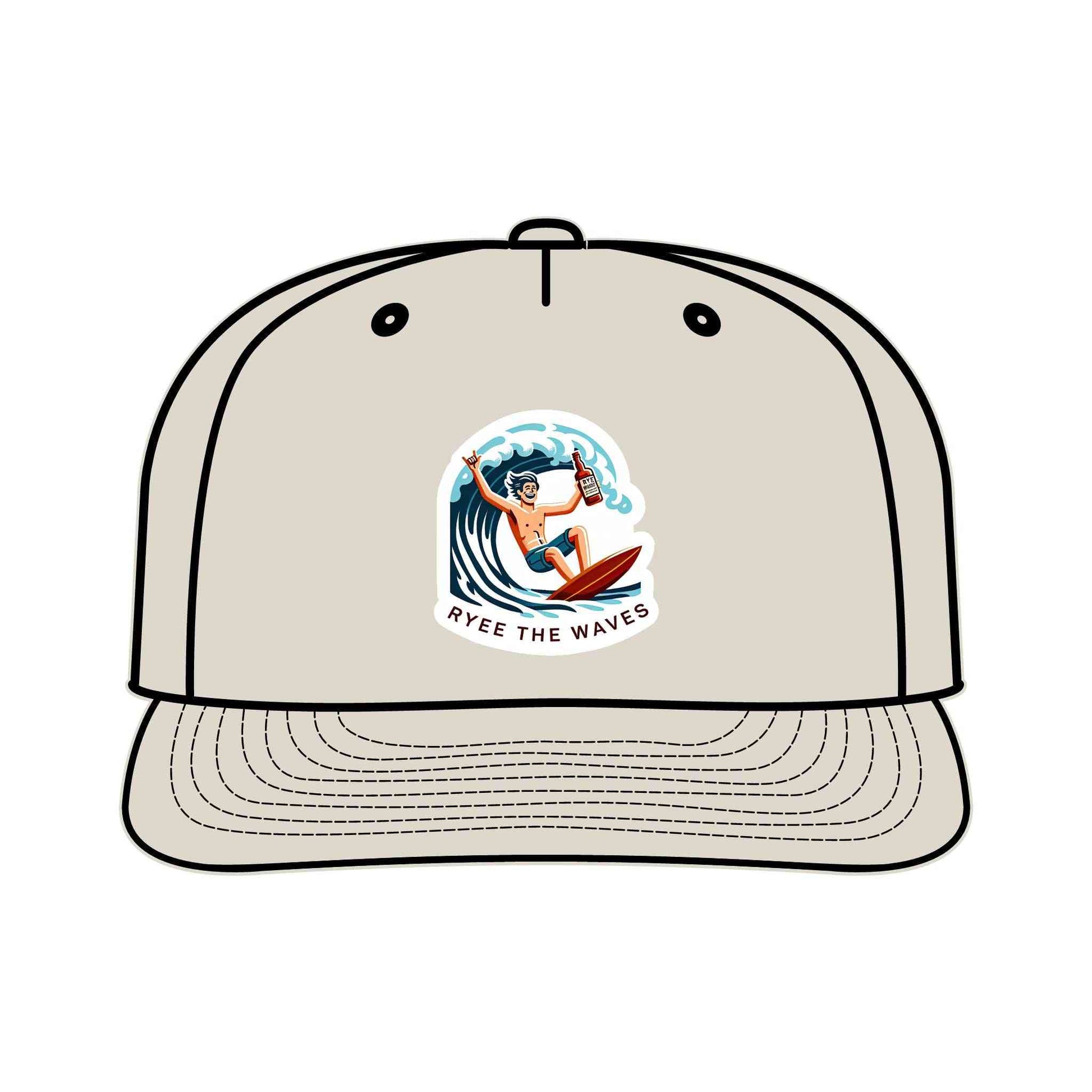 Funny surf drinking hat in beige with cartoon surfer and 'Ryee The Waves' logo, made from eco-friendly recycled nylon for sustainable fashion.