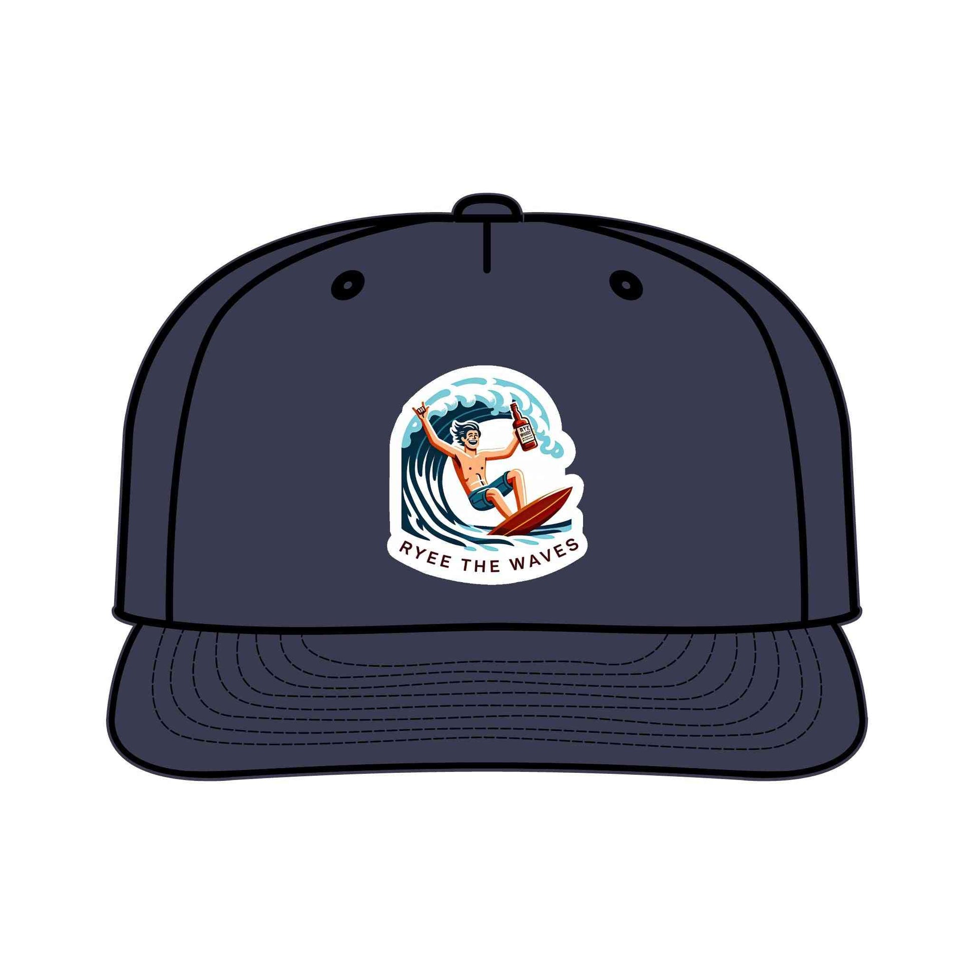 Navy blue Funny Surf Drinking Hat with cartoon surfer and 'Ryee The Waves' logo. Eco-friendly and quick-dry cap for surf and outdoor lovers.