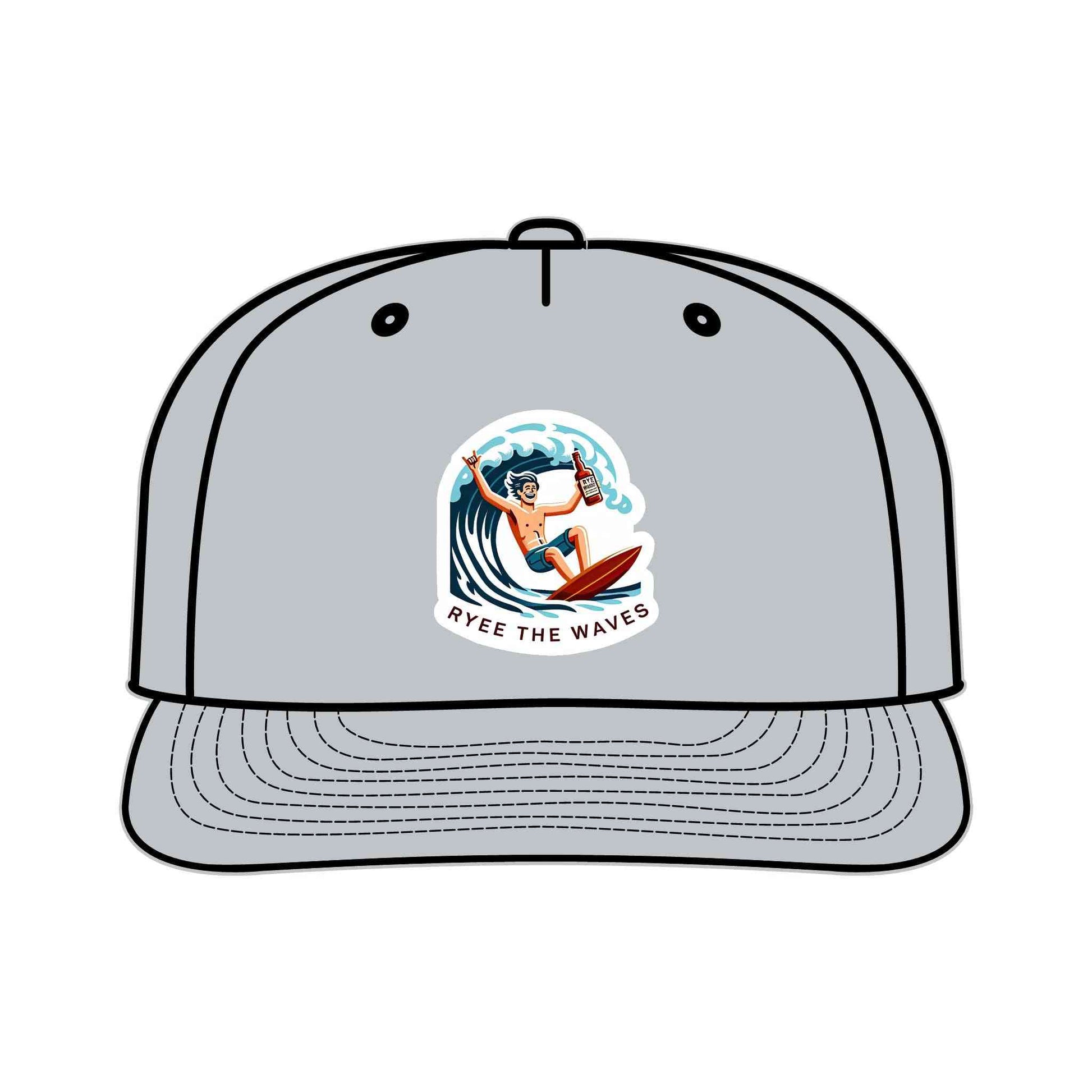 Duplicate light gray Funny Surf Drinking Hat with cartoon surfer and eco-conscious 'Ryee The Waves' design. Great for beach and outdoor wear.