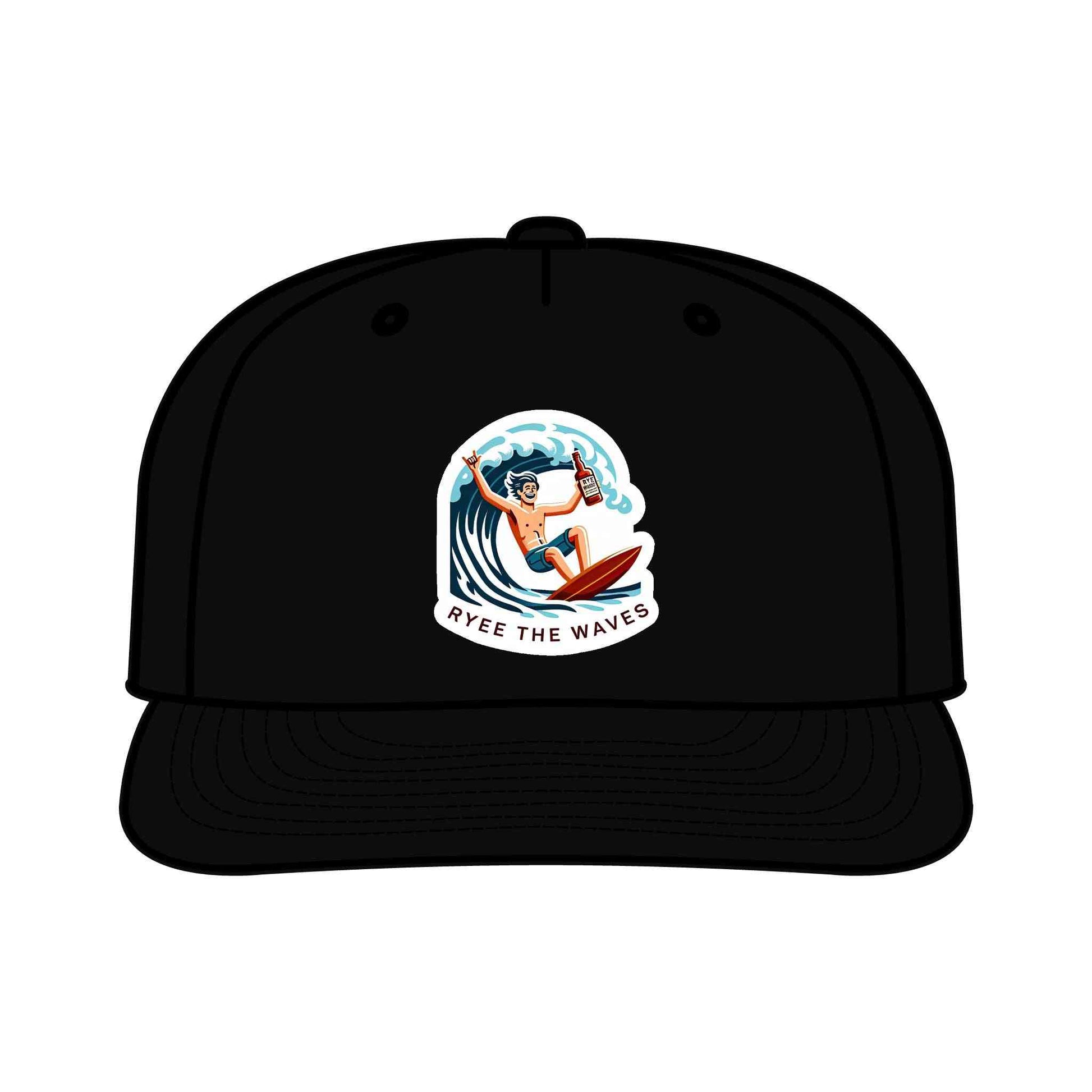 Black eco-friendly surf drinking hat with vibrant cartoon surfer and 'Ryee The Waves' logo, combining style and sustainability for outdoor fun.