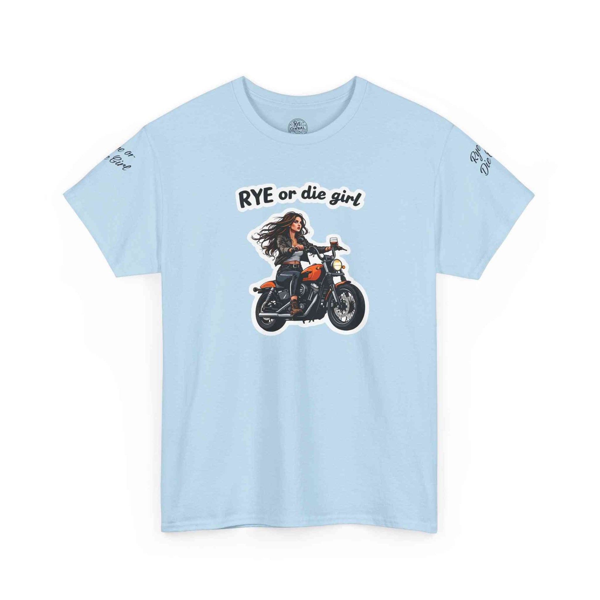 Light blue whiskey t-shirt with 'Rye or Die Girl' slogan and biker girl design, perfect for fans of whiskey and humorous fashion.