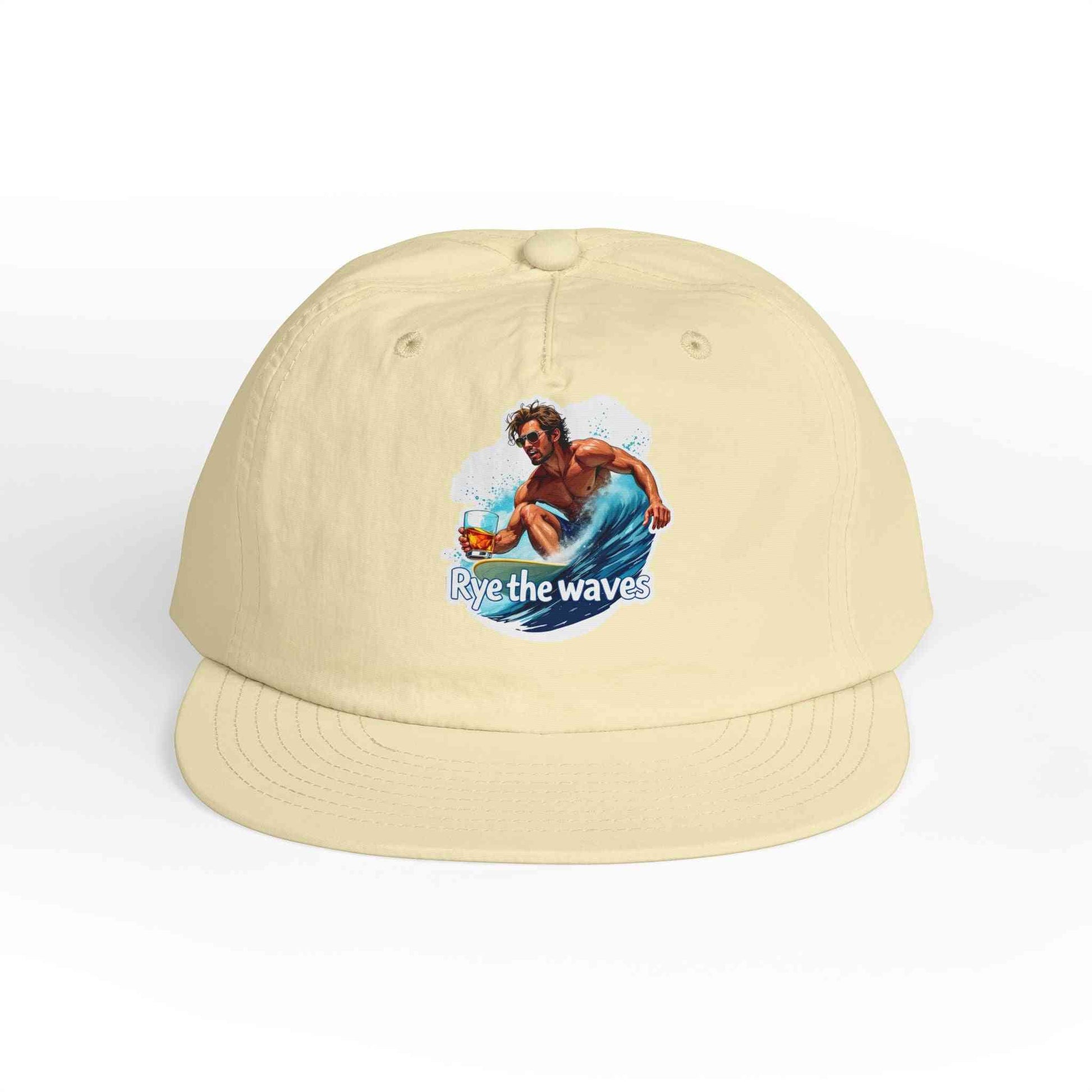 Cream Whiskey Bent Hat for Surfers Eco-Friendly Cap with 'Rye the Waves' graphic, perfect for unisex eco-conscious surf style.
