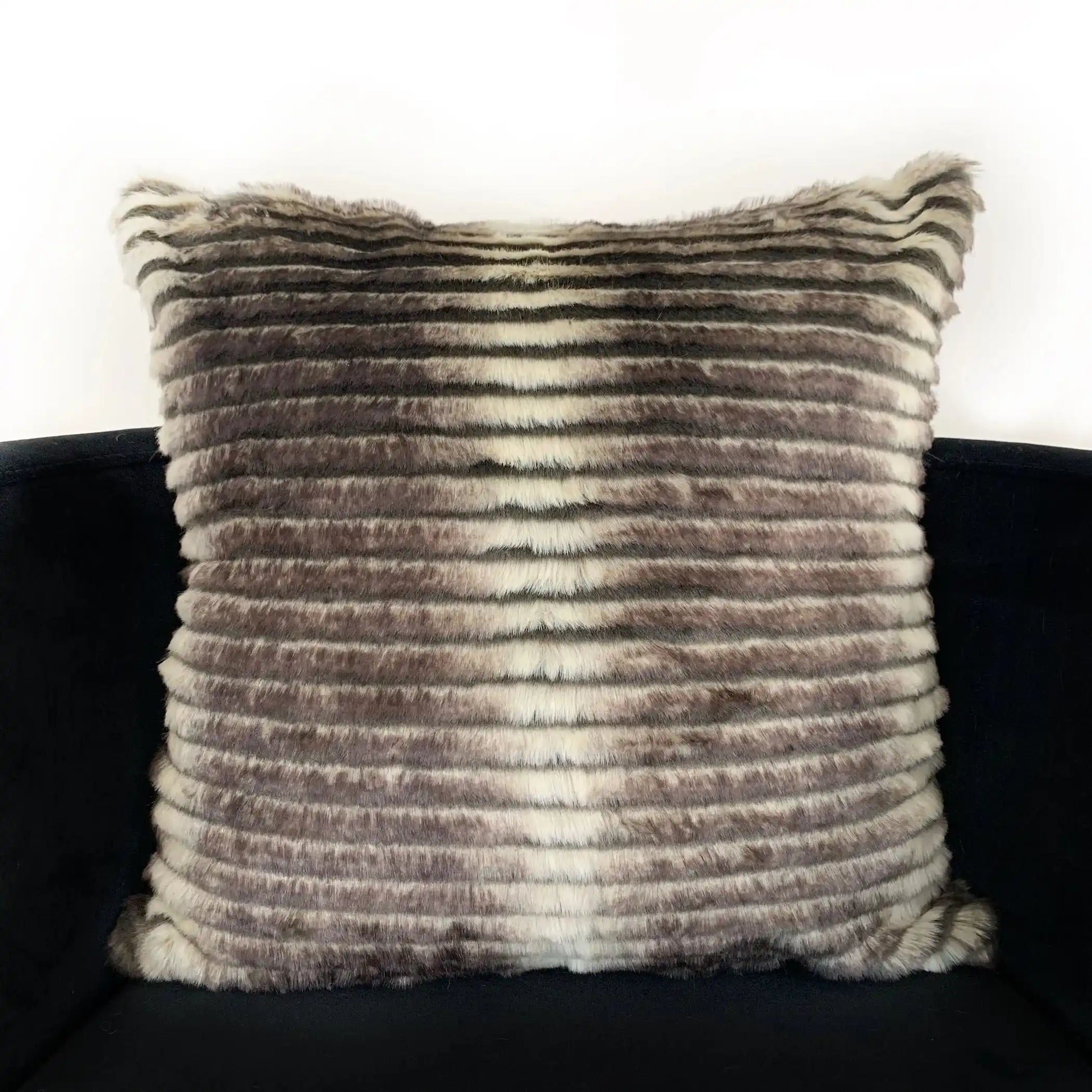 Side view of Plutus Grey, Taupe Gray & Taupe Animal Faux Fur Luxury Throw Pillow showing plush texture and elegant gradient design.
