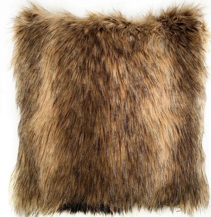 Faux Fur Luxury Throw Pillow: Mountain Coyote Design with plush brown and black tones, mimicking wild fur for rustic home décor appeal.