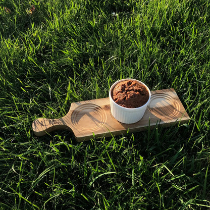 Long Acacia Flight Boards with 5-glass capacity, featuring circular and square slots, ideal for whiskey tasting at home bars.