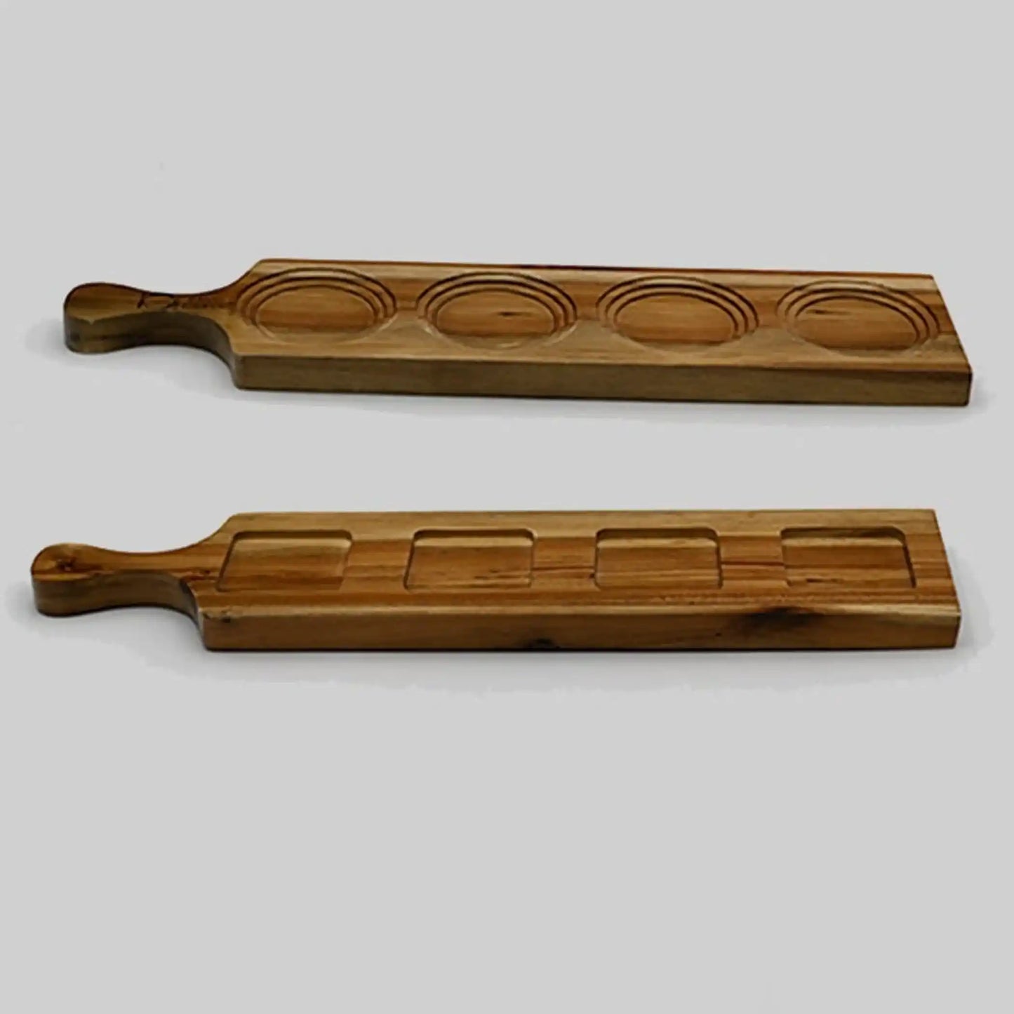 Acacia Flight Boards with 5-glass slots in round and square designs, ideal for whiskey tastings and elegant barware setups.