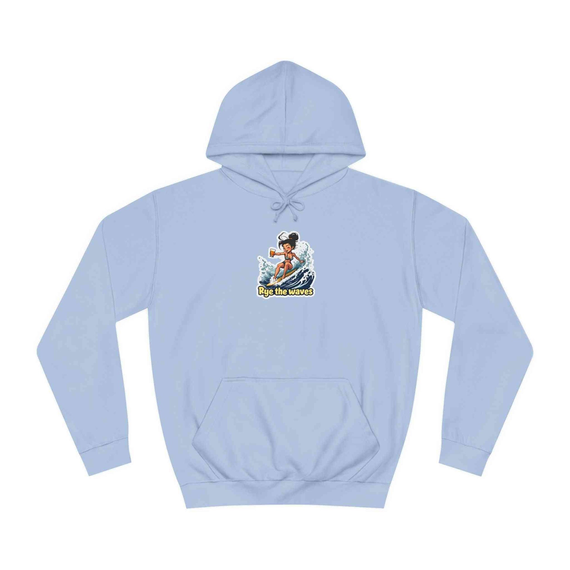 Sky blue Rye Whiskey Surf Hoodie with bold surfer design and loose fit, perfect for beach enthusiasts seeking comfort and ethical appeal.