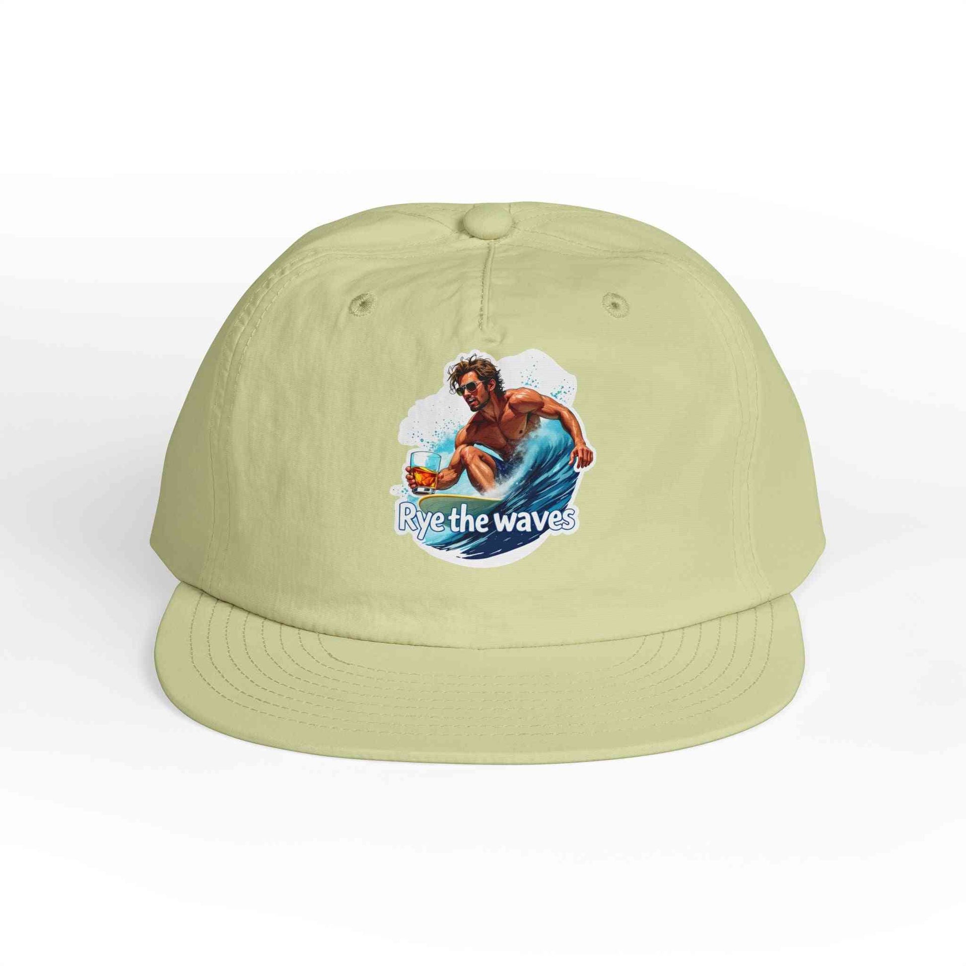 Whiskey Bent Hat for Surfers Eco-Friendly Cap in light green with 'Rye the Waves' surfer graphic, ideal for sustainable beachwear.