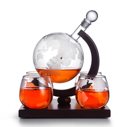 Fancy Globe Whiskey Decanter Set with Wood Stand