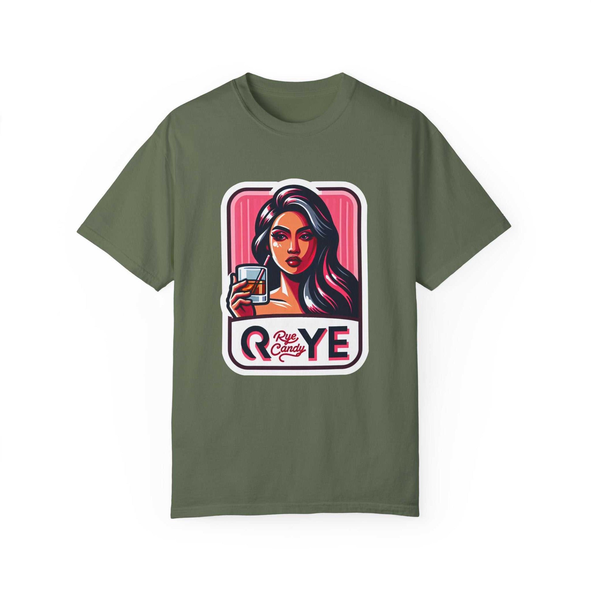 Olive green humorous whiskey T-shirt with striking 'Rye Candy' graphic—ideal for whiskey drinkers who love expressive tees.