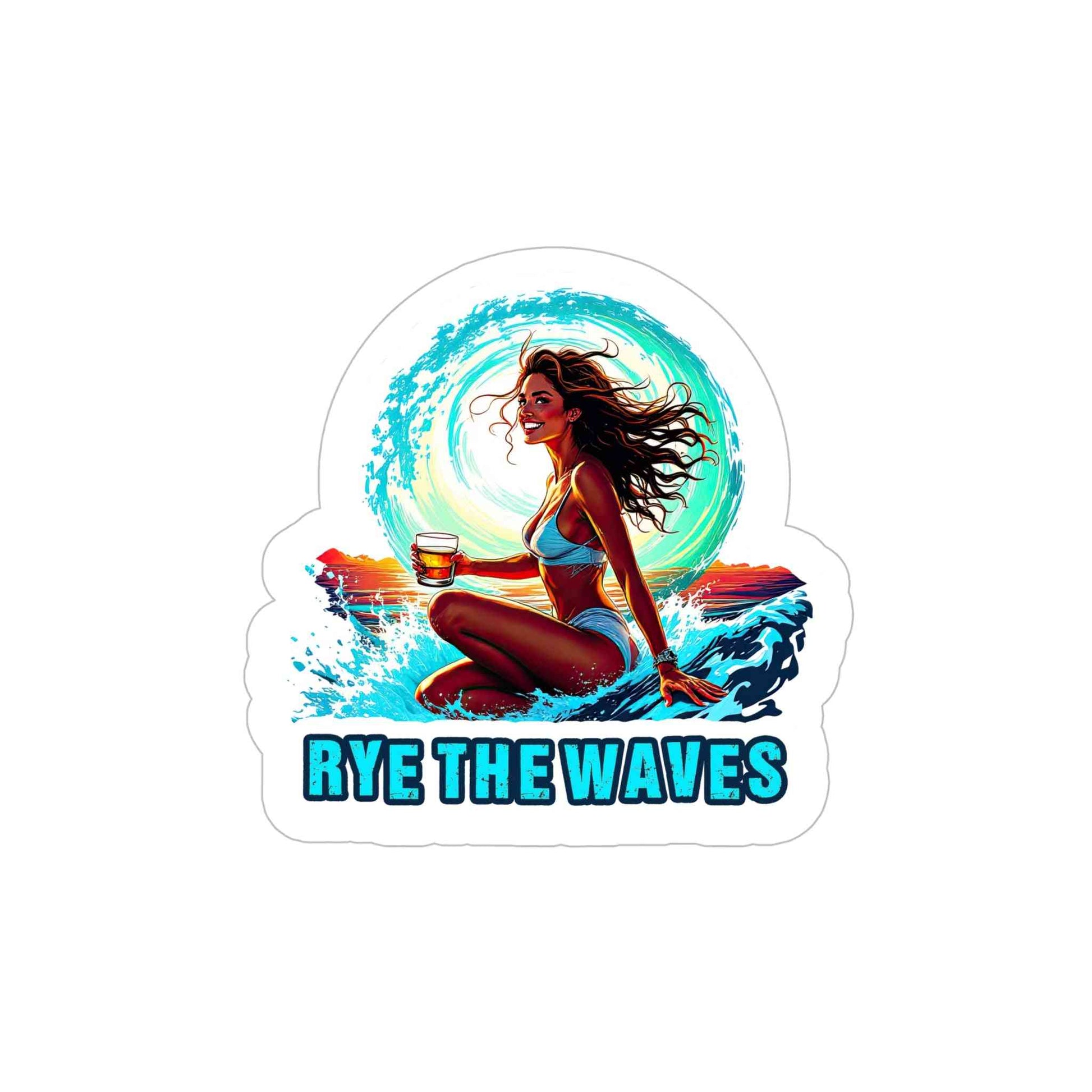 Stylish Rye The Waves Whiskey Sticker with beach and surf theme, perfect for customizing notebooks, skateboards, or coolers.