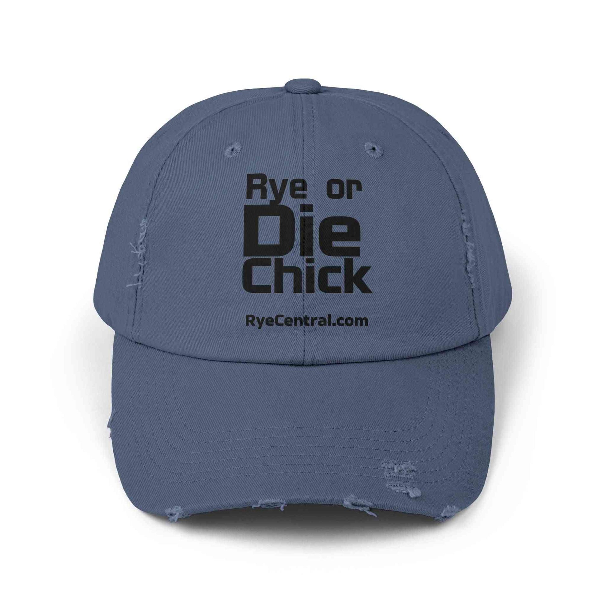 Blue Rye Whiskey Distressed Cap with 'Rye or Die Chick' design, a stylish cotton accessory for whiskey fans and casual outfits.