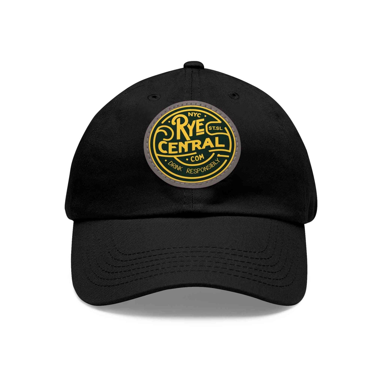 Black Whiskey Leather Patch Dad Cap with Rye Central logo, ideal for whiskey lovers seeking stylish sun protection and casual flair.