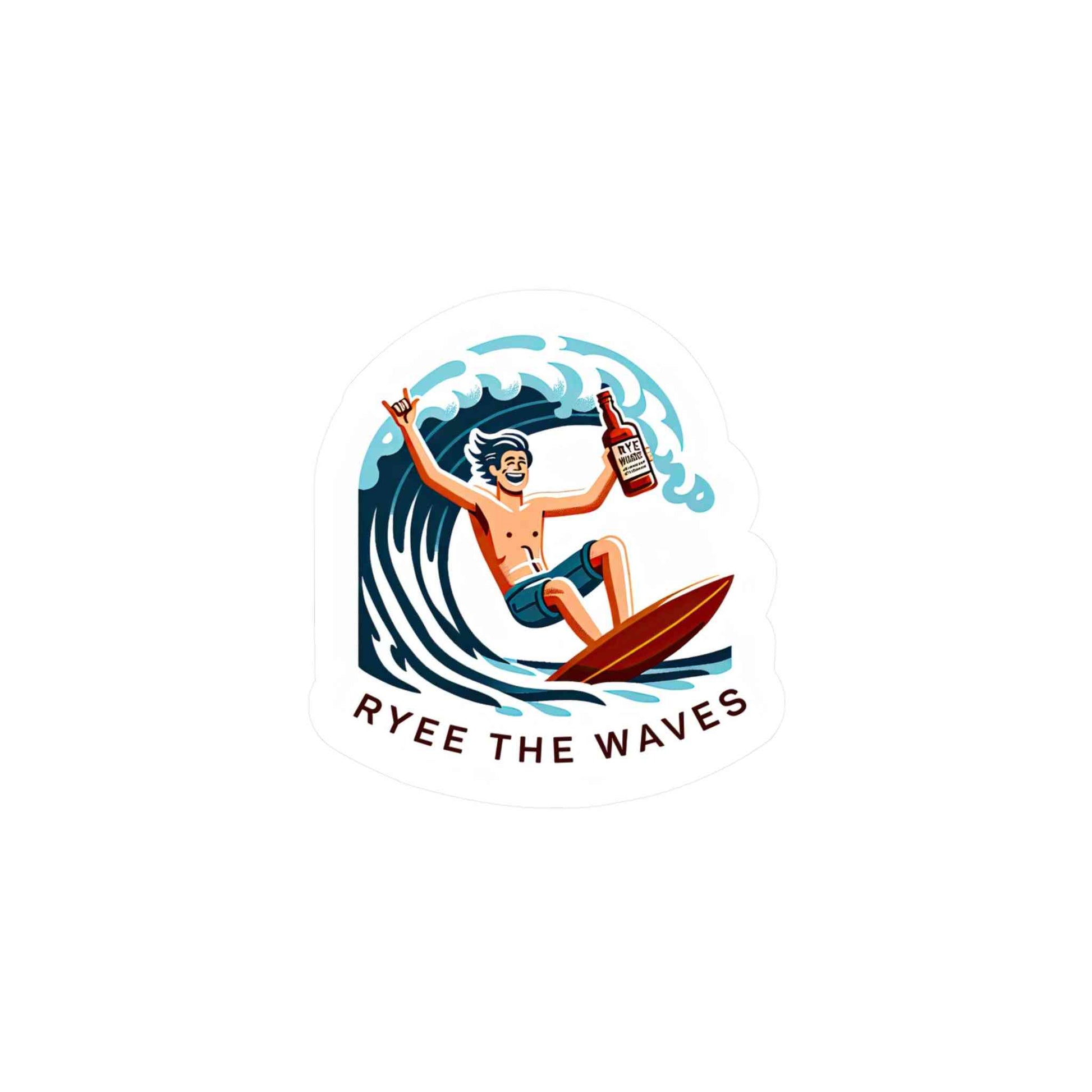 Bold vinyl whiskey decal showing a surfer riding a wave with a whiskey bottle, labeled 'Ryee the Waves' for stylish surface decoration.