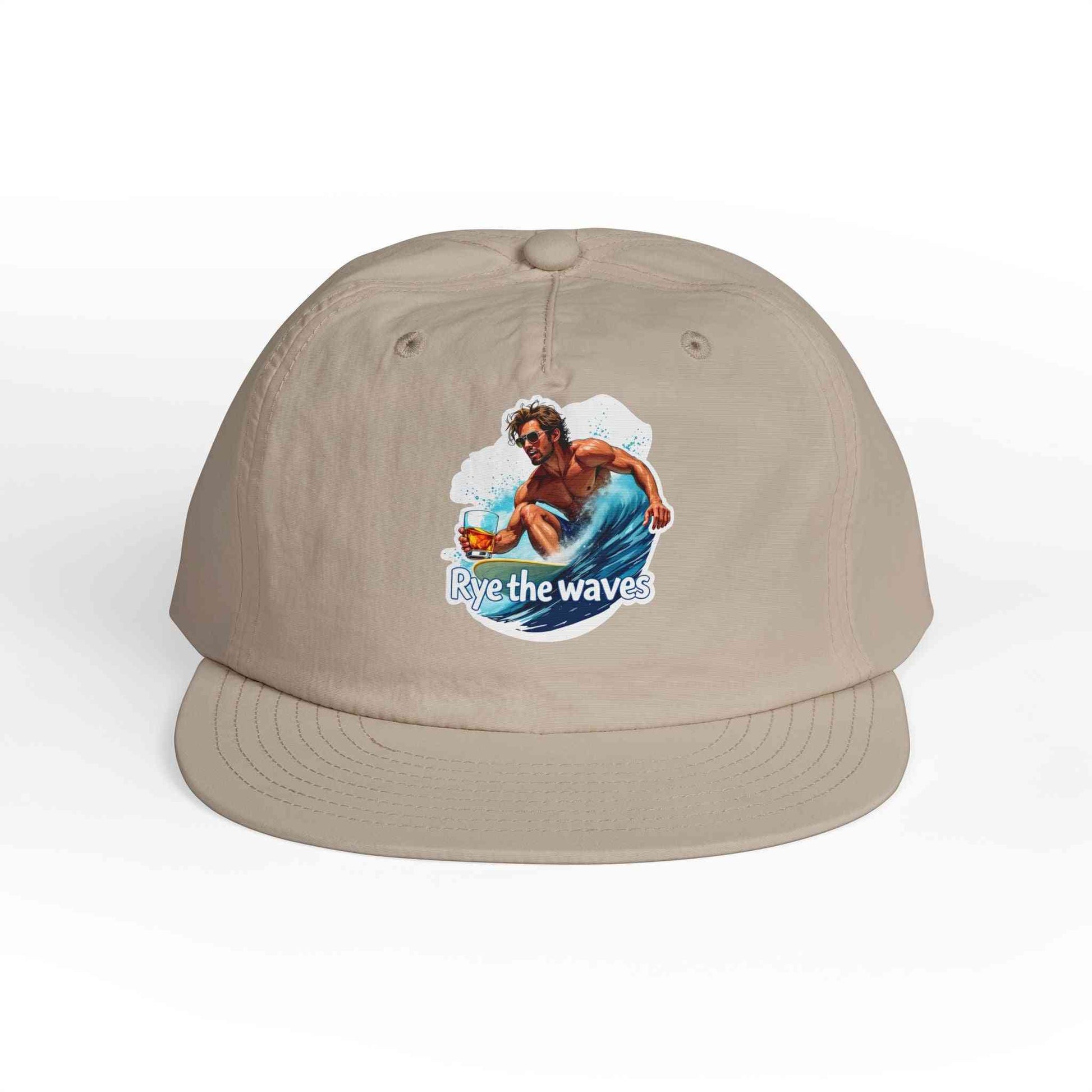 Tan Whiskey Bent Hat for Surfers Eco-Friendly Cap with bold surf-themed artwork, crafted for sustainable outdoor adventures.
