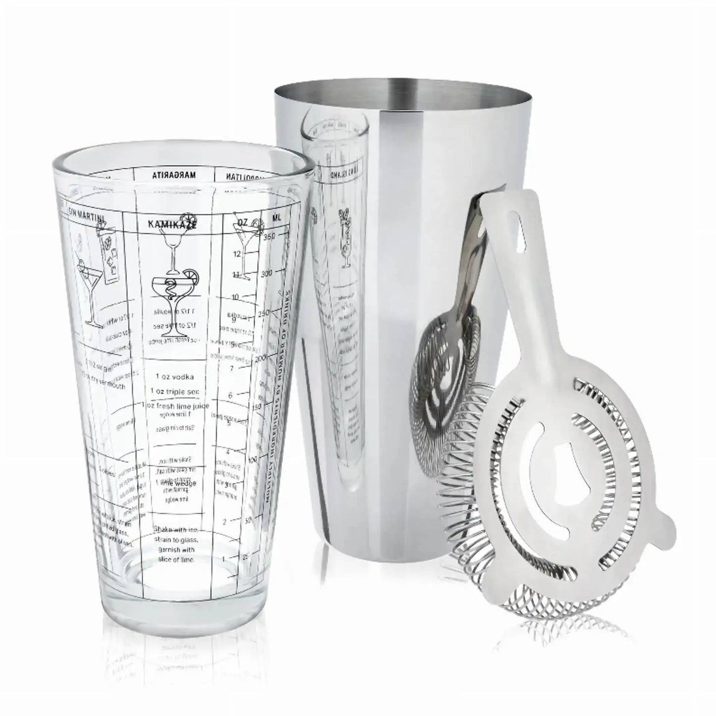 3 Piece Bar Set By True featuring a glass shaker with cocktail recipes, a stainless steel tin, and a strainer. Ideal for home bar setups and mixology.