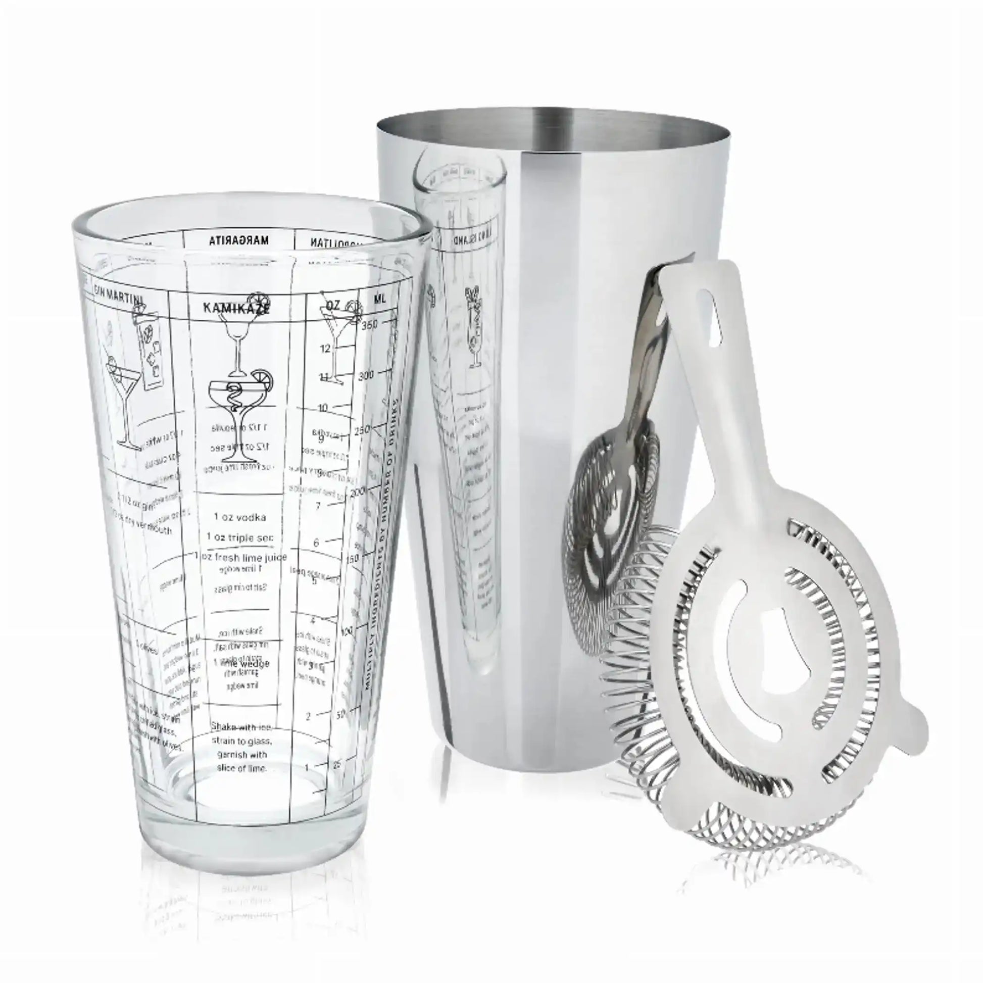 Bar Accessories set includes a recipe-printed glass, metal shaker tin, and cocktail strainer. Perfect for kitchen or home & garden entertaining.