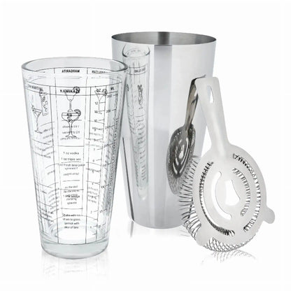 Bar Accessories set includes a recipe-printed glass, metal shaker tin, and cocktail strainer. Perfect for kitchen or home & garden entertaining.