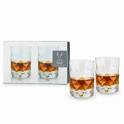 Viski Gem Crystal Tumblers in a gift box, showcasing premium stemless cocktail glasses with a diamond-cut base for modern drinkware appeal.