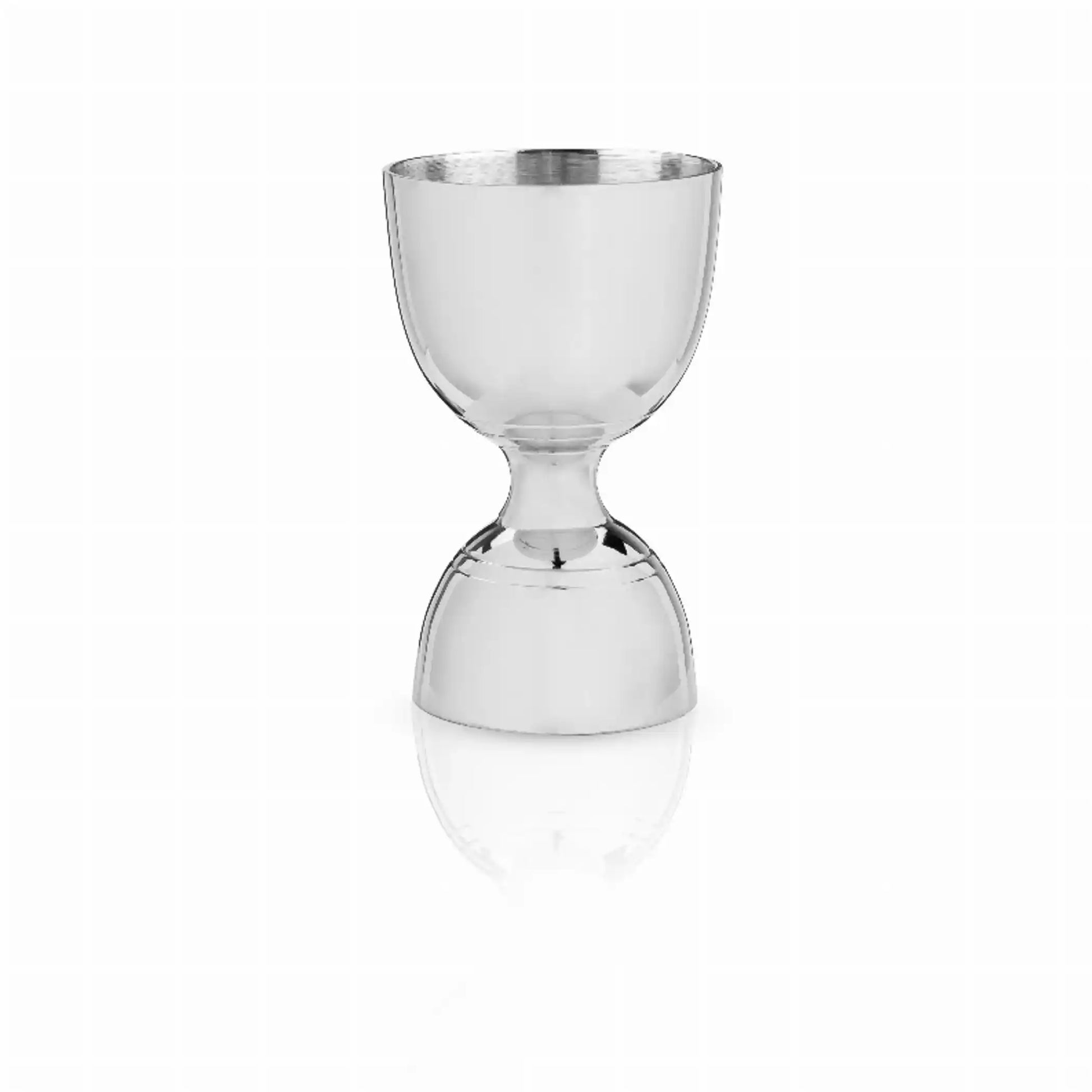 Stainless Steel Canterbury Jigger by Viski featuring a sleek, hourglass design for precise cocktail measuring. Ideal for bar accessories in home kitchens.