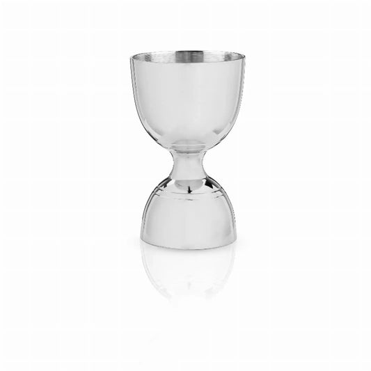 Stainless Steel Canterbury Jigger by Viski featuring a sleek, hourglass design for precise cocktail measuring. Ideal for bar accessories in home kitchens.