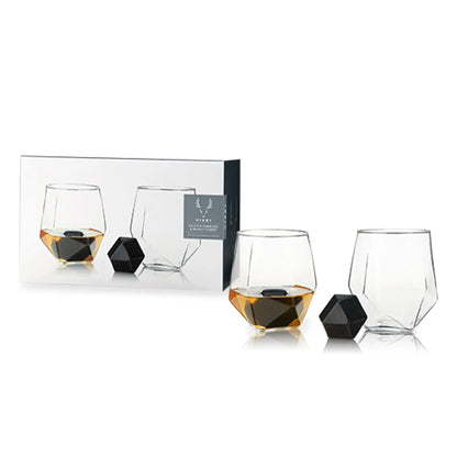 Hexagonal Stone Whiskey Glass Set with Basalt Stones