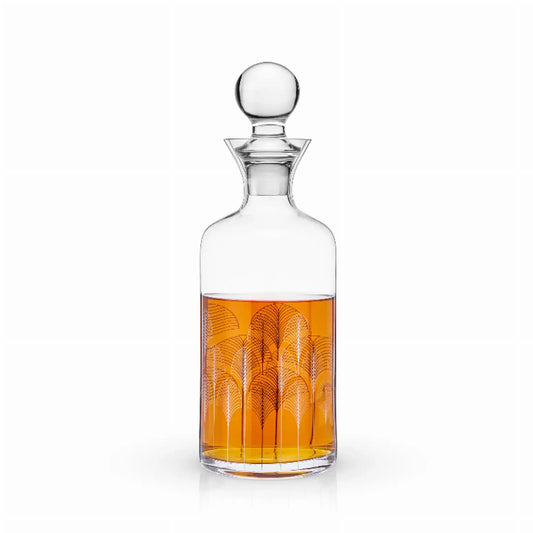 Deco Liquor Decanter by Viski featuring etched art deco patterns, ideal for stylish bar setups and home entertaining in kitchen or bar areas.