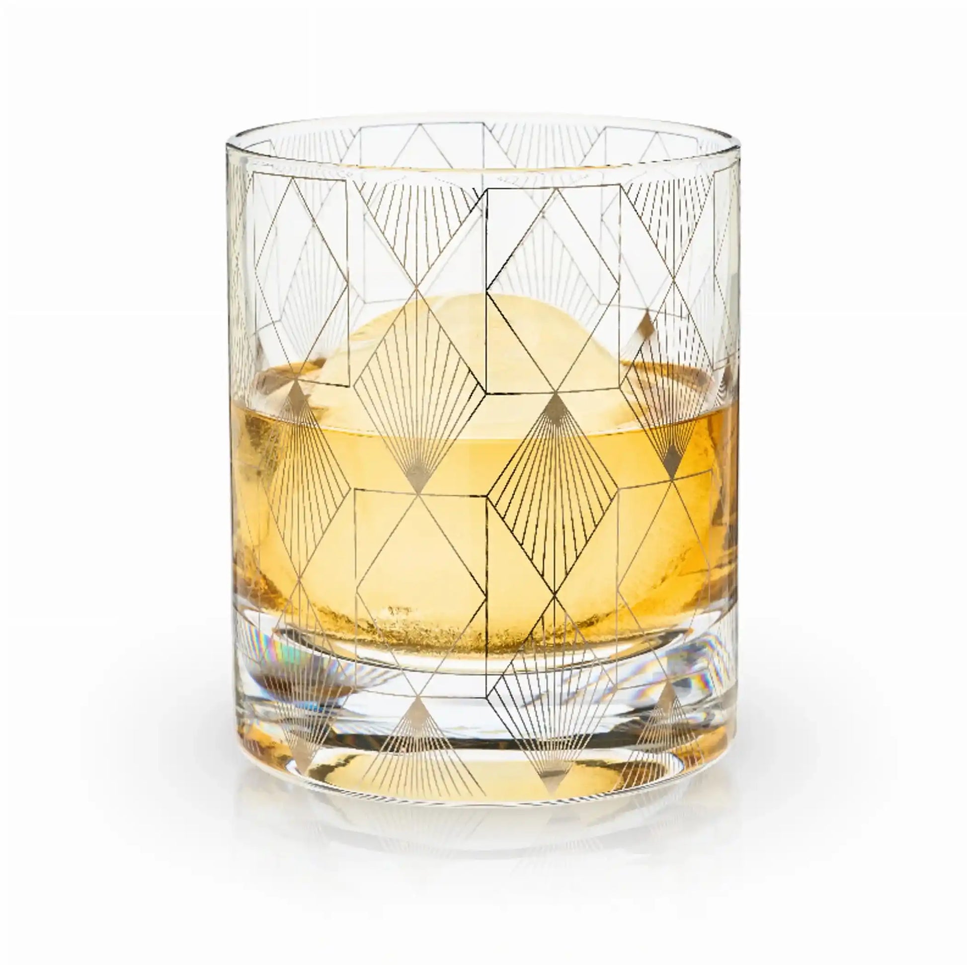 Metropolis Deco Tumbler by Viski featuring geometric etched design, ideal for serving whiskey or cocktails in stylish stemless glassware.