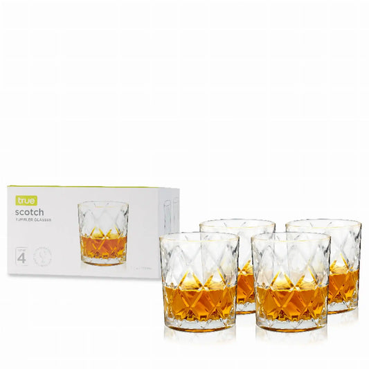 Scotch Glasses By True set of 4 stemless cocktail glasses with diamond-cut design, ideal for home bar drinkware collections.