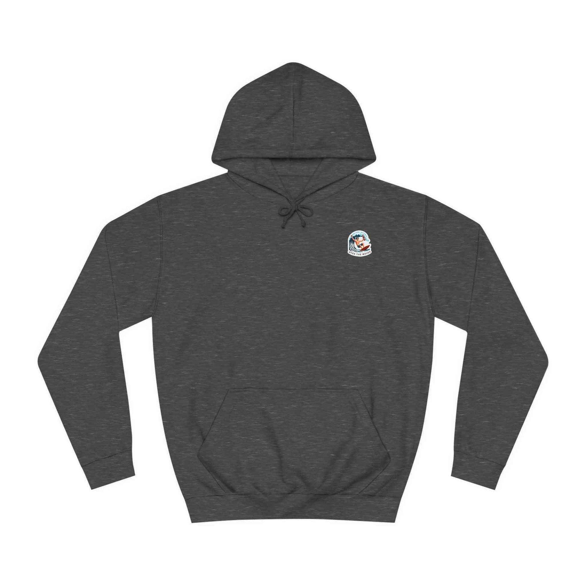 Charcoal heather Coastal Whiskey Hoodie Unisex with surf-inspired chest logo, offering a trendy, oversized fit for men and women.