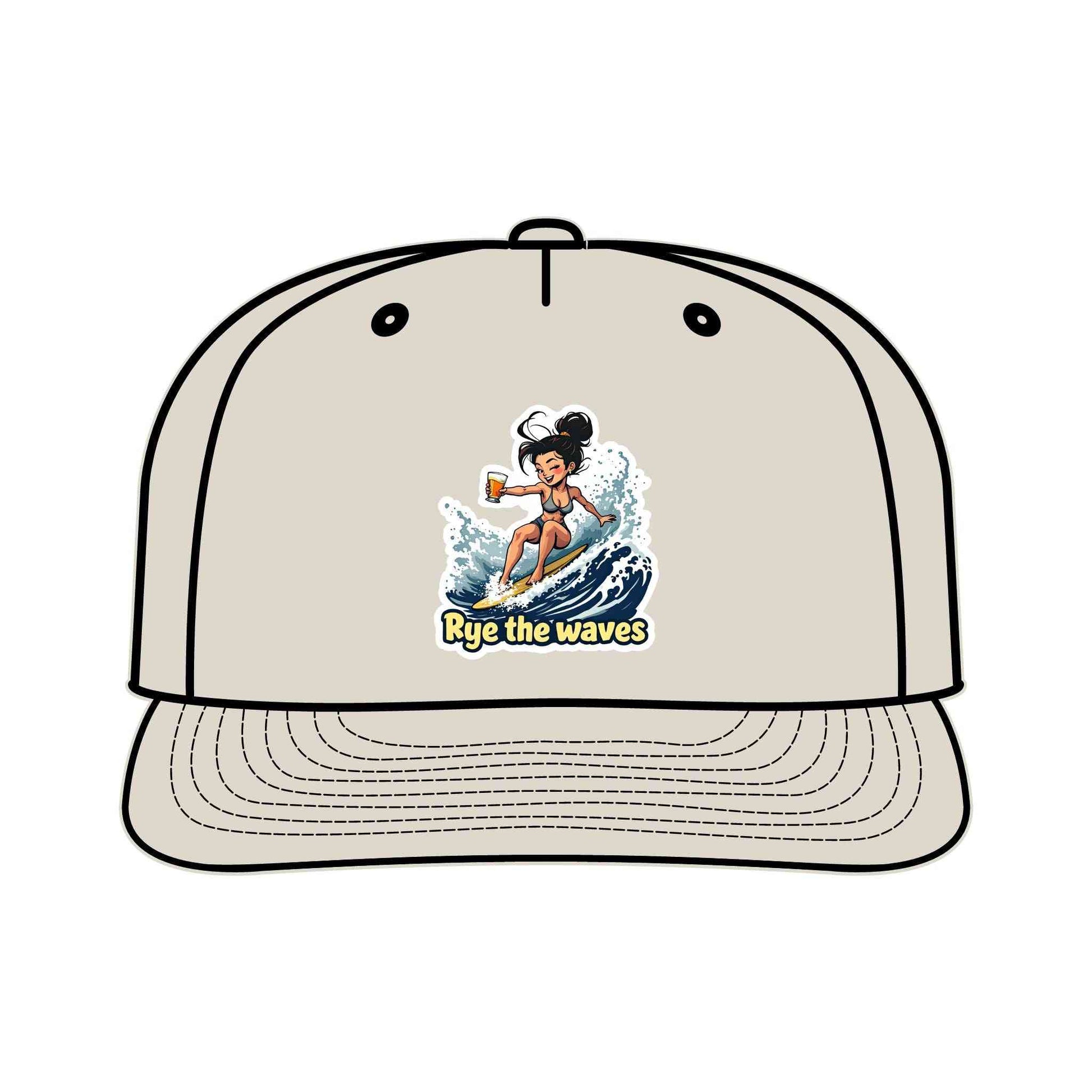 Beige Surfers Drinking Hat Eco-Friendly Adventure Cap with cartoon surfer and 'Rye the waves' text, made from recycled nylon with snapback fit.