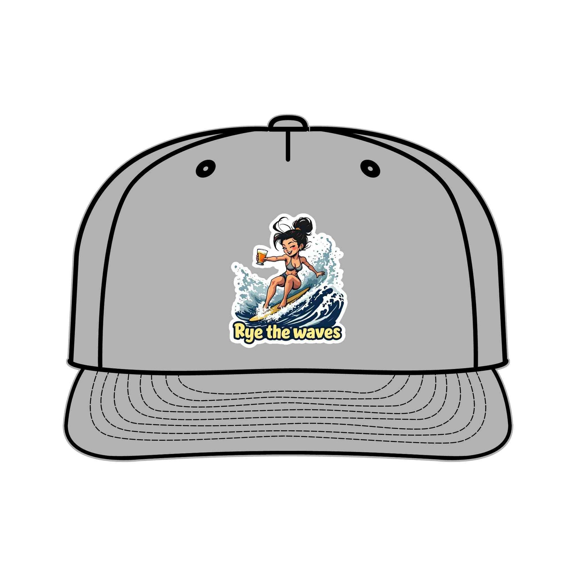 Gray Surfers Drinking Hat Eco-Friendly Adventure Cap with fun wave-riding character, made from recycled nylon for sustainable fashion lovers.