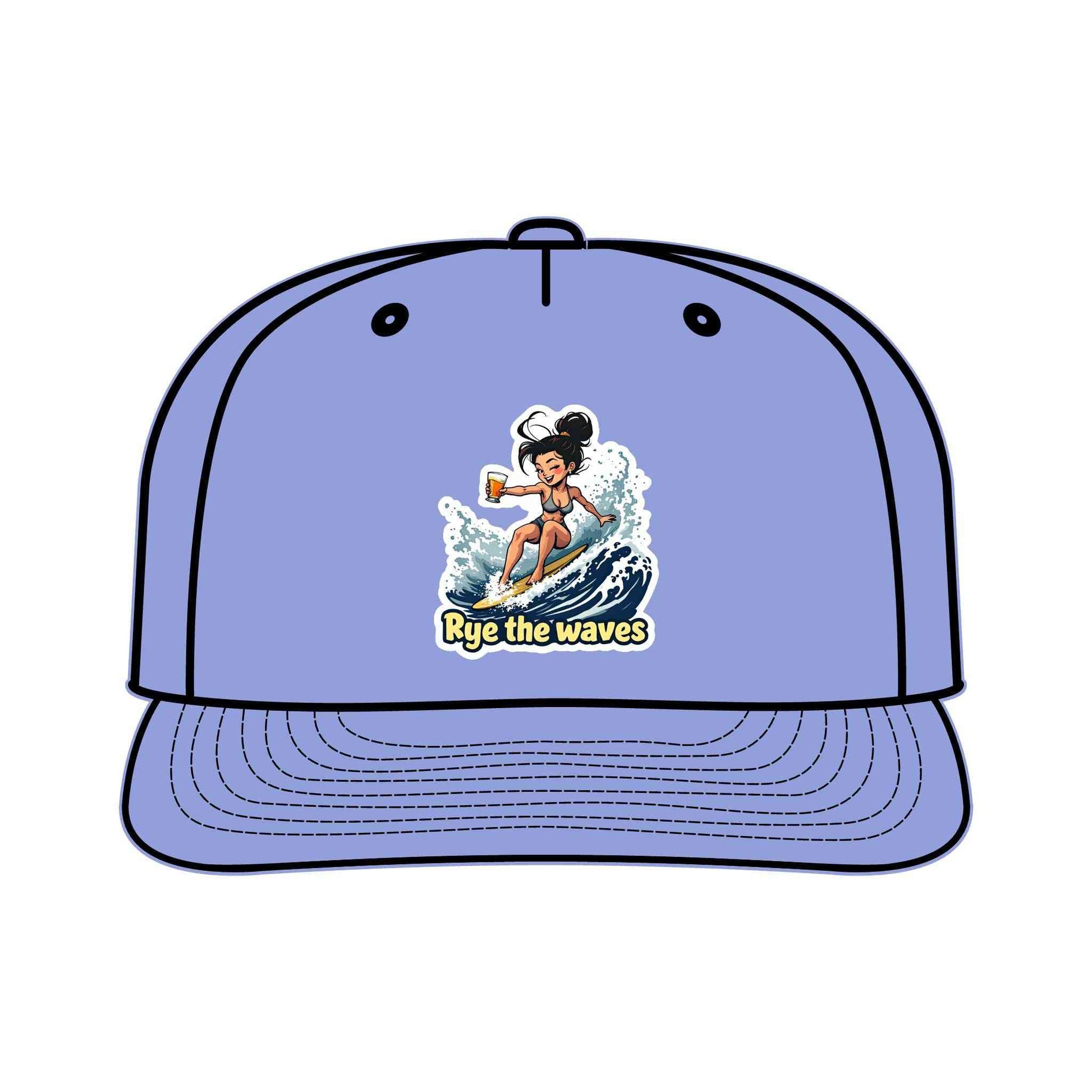 Lavender Surfers Drinking Hat Eco-Friendly Adventure Cap with playful surfer graphic and sustainable outdoor fashion.