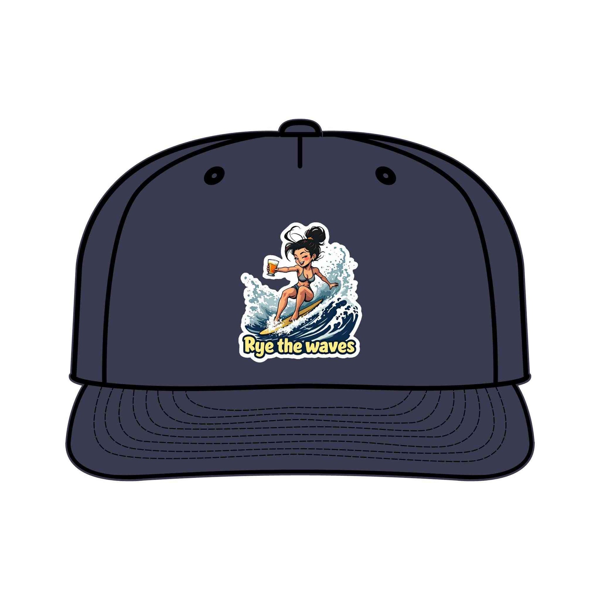 Navy blue Surfers Drinking Hat Eco-Friendly Adventure Cap with cartoon surfer and 'Rye the Waves' branding, made for eco-conscious adventurers.