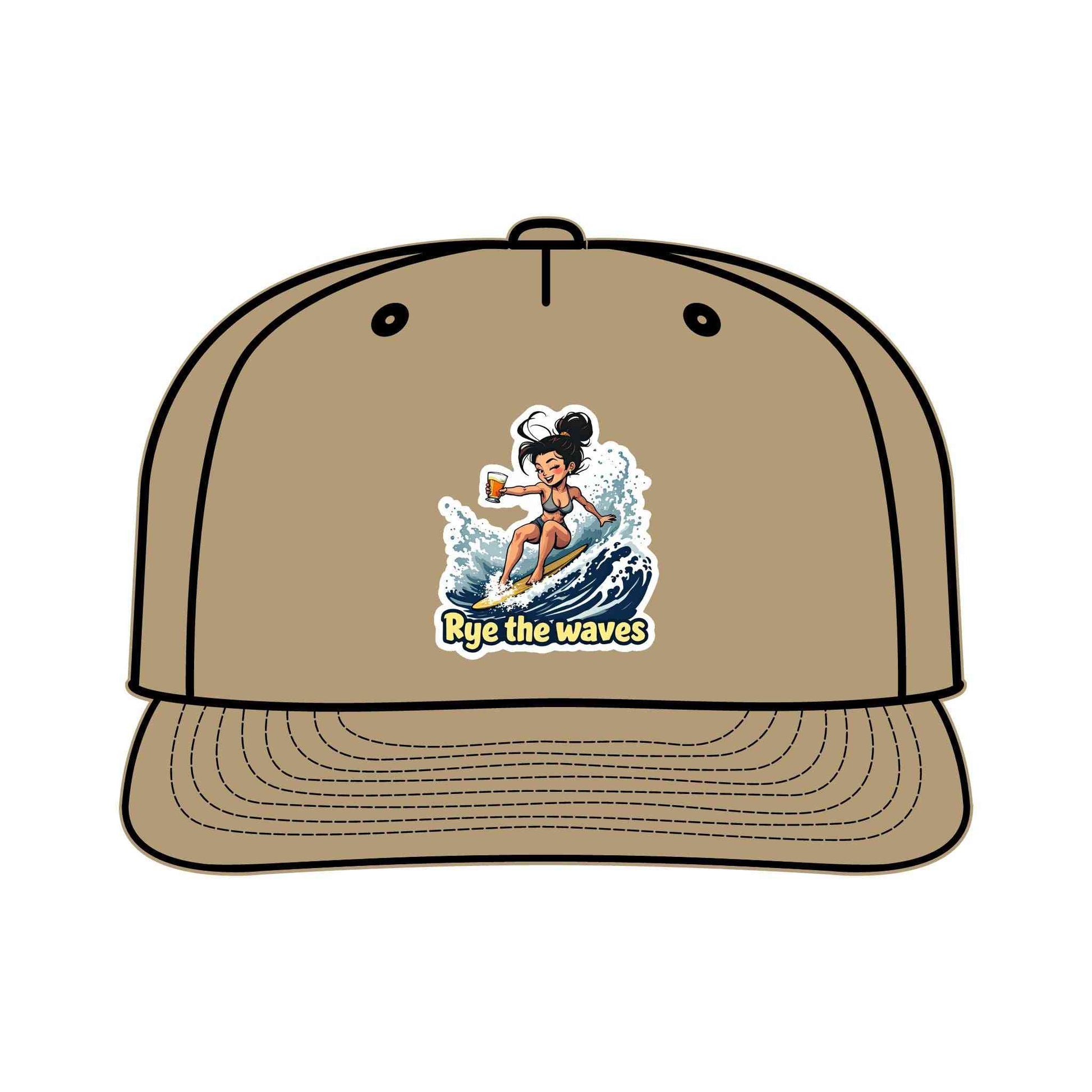 Khaki Surfers Drinking Hat Eco-Friendly Adventure Cap with fun surf illustration and 'Rye the waves' slogan, made from recycled materials.