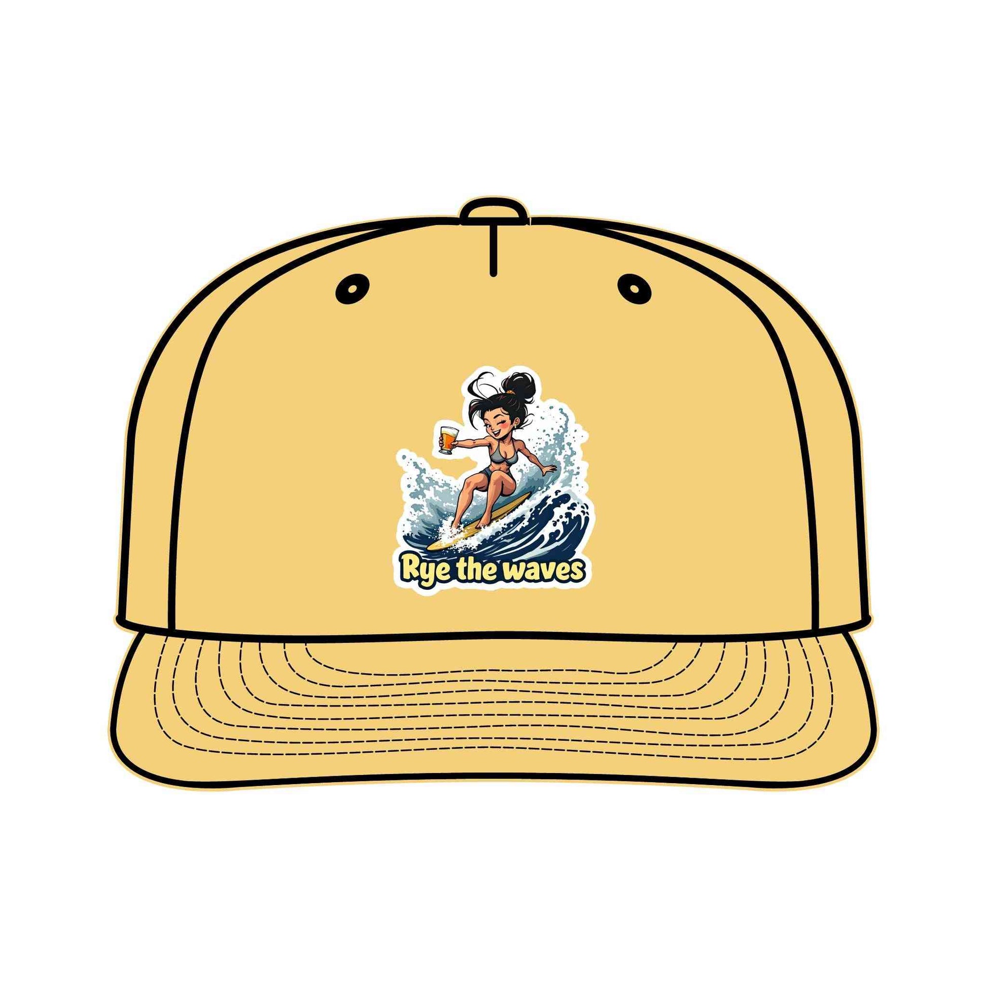 Yellow Surfers Drinking Hat Eco-Friendly Adventure Cap with playful surfer artwork, sustainable snapback perfect for summer and surf outings.