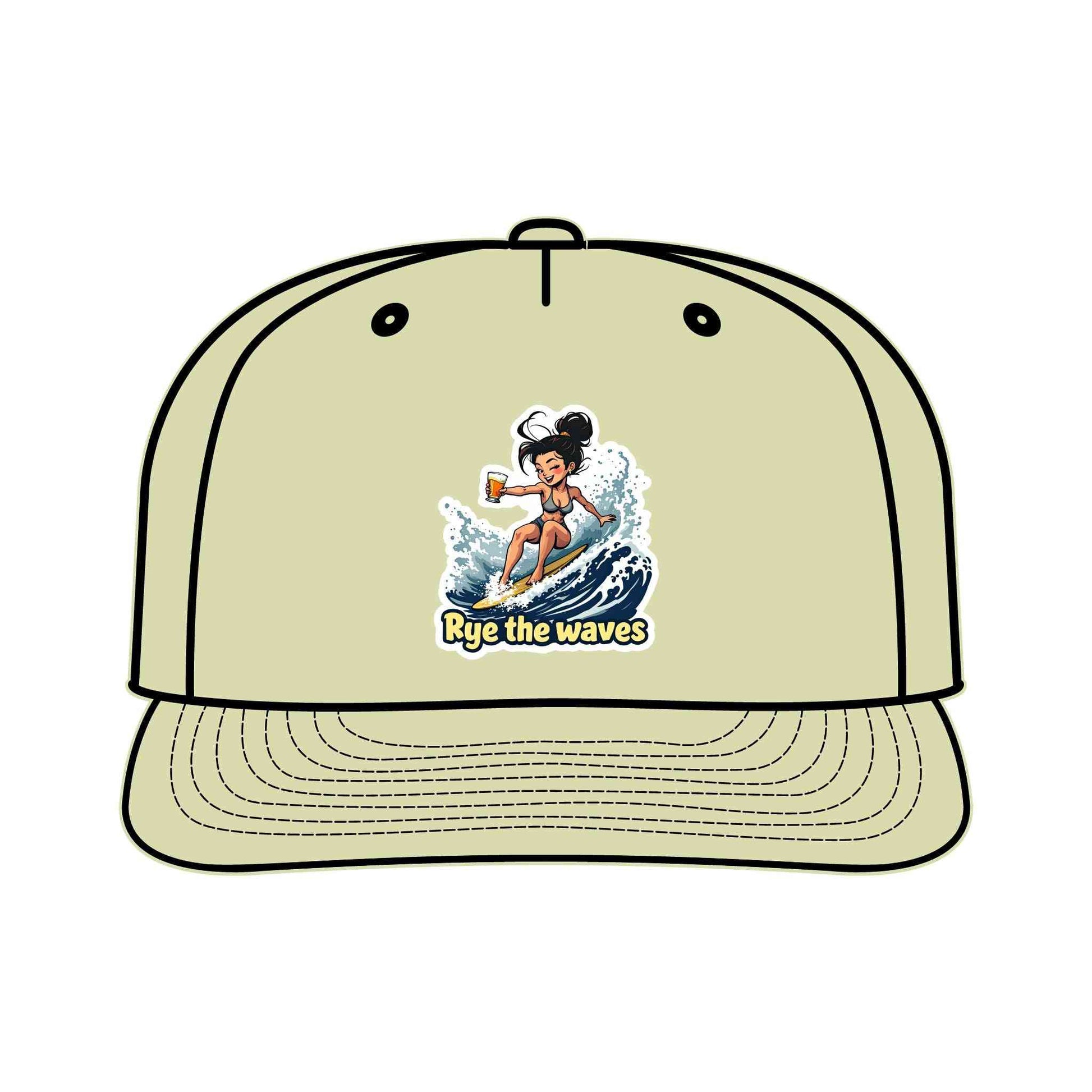 Light olive Surfers Drinking Hat Eco-Friendly Adventure Cap featuring cartoon surfer and beer, sustainable snapback for beach and outdoor wear.