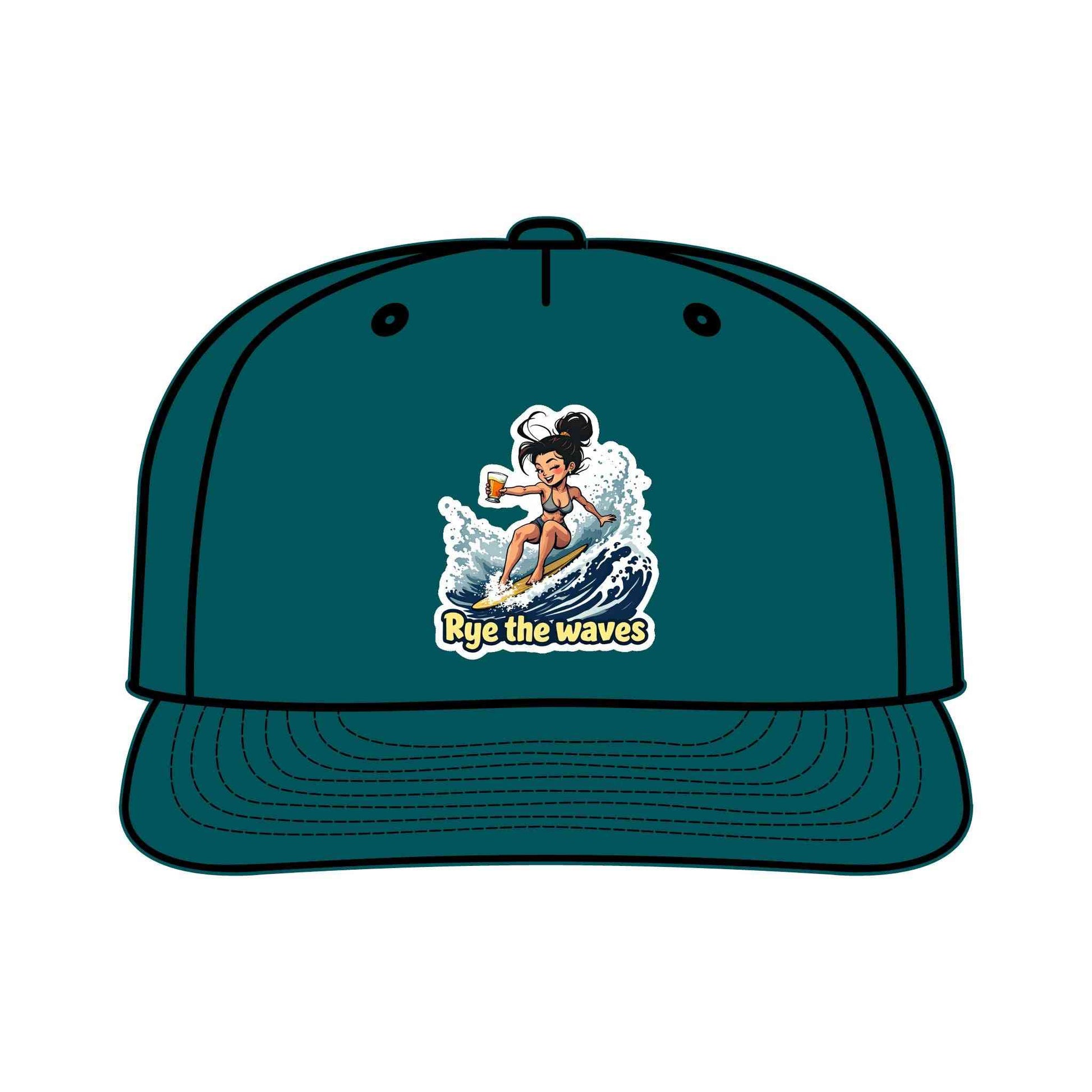 Teal Surfers Drinking Hat Eco-Friendly Adventure Cap with fun surfer graphic and eco-conscious design, ideal for beach adventures.