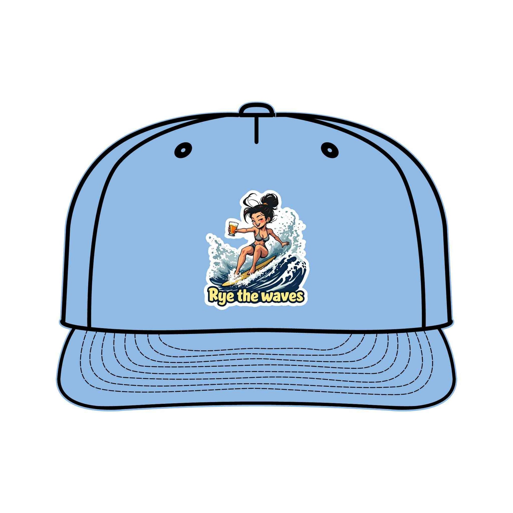 Sky blue Surfers Drinking Hat Eco-Friendly Adventure Cap with vibrant surfer design, perfect for outdoor and surfwear lovers.
