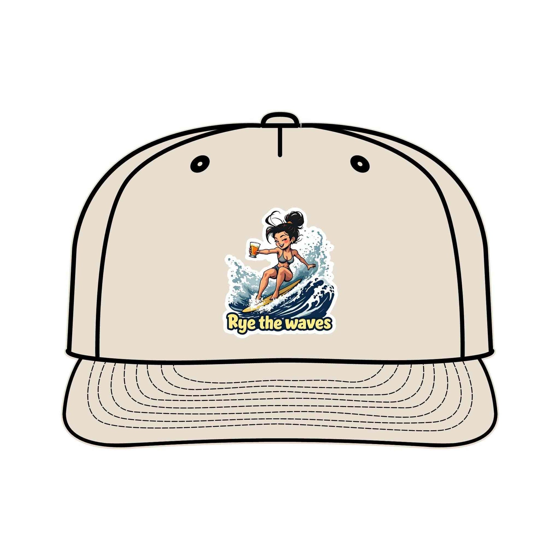 Tan Surfers Drinking Hat Eco-Friendly Adventure Cap with vibrant surf graphic and 'Rye the waves' text, quick-dry and lightweight for beach use.