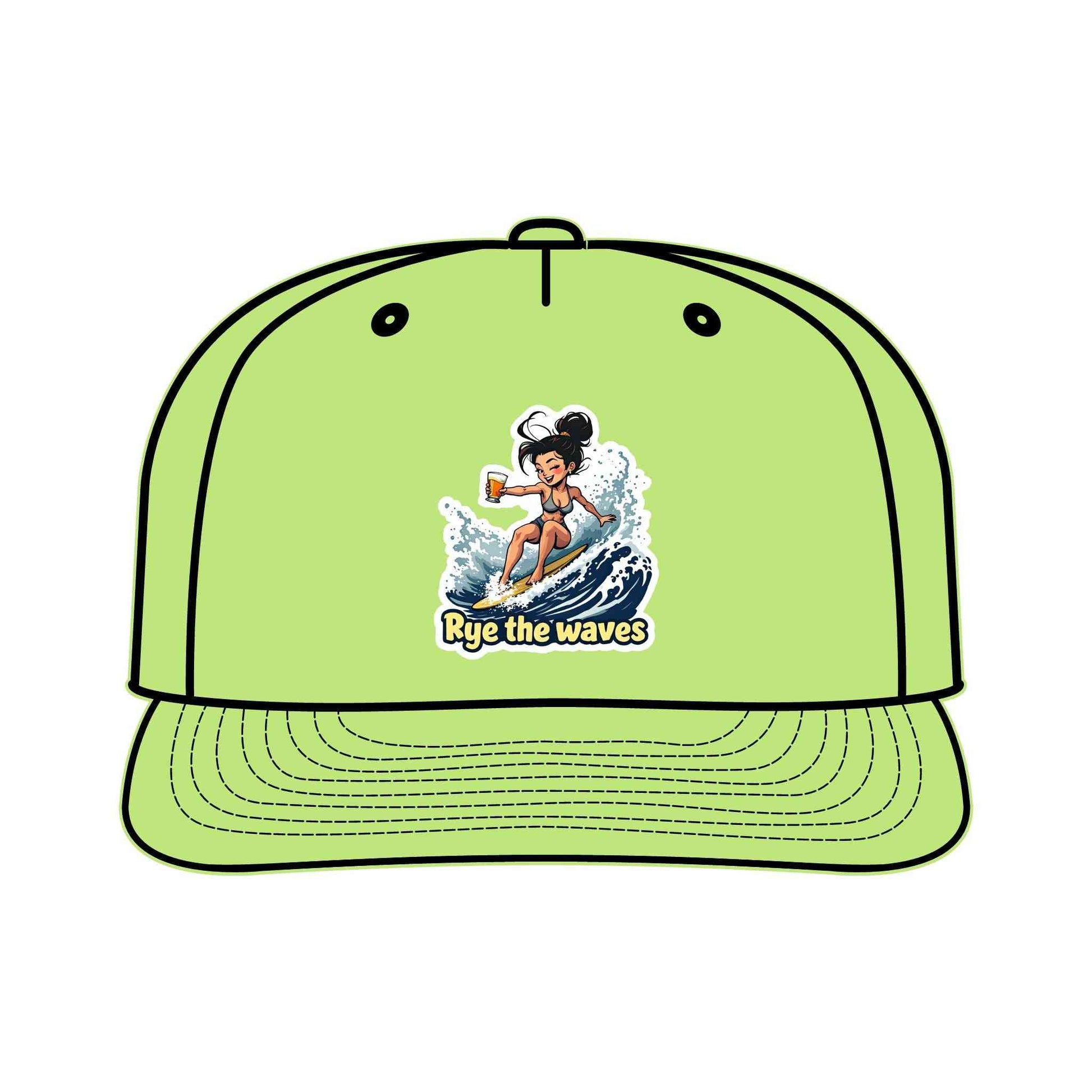 Lime green Surfers Drinking Hat Eco-Friendly Adventure Cap with cartoon surfer and 'Rye the Waves' text, made from recycled nylon.