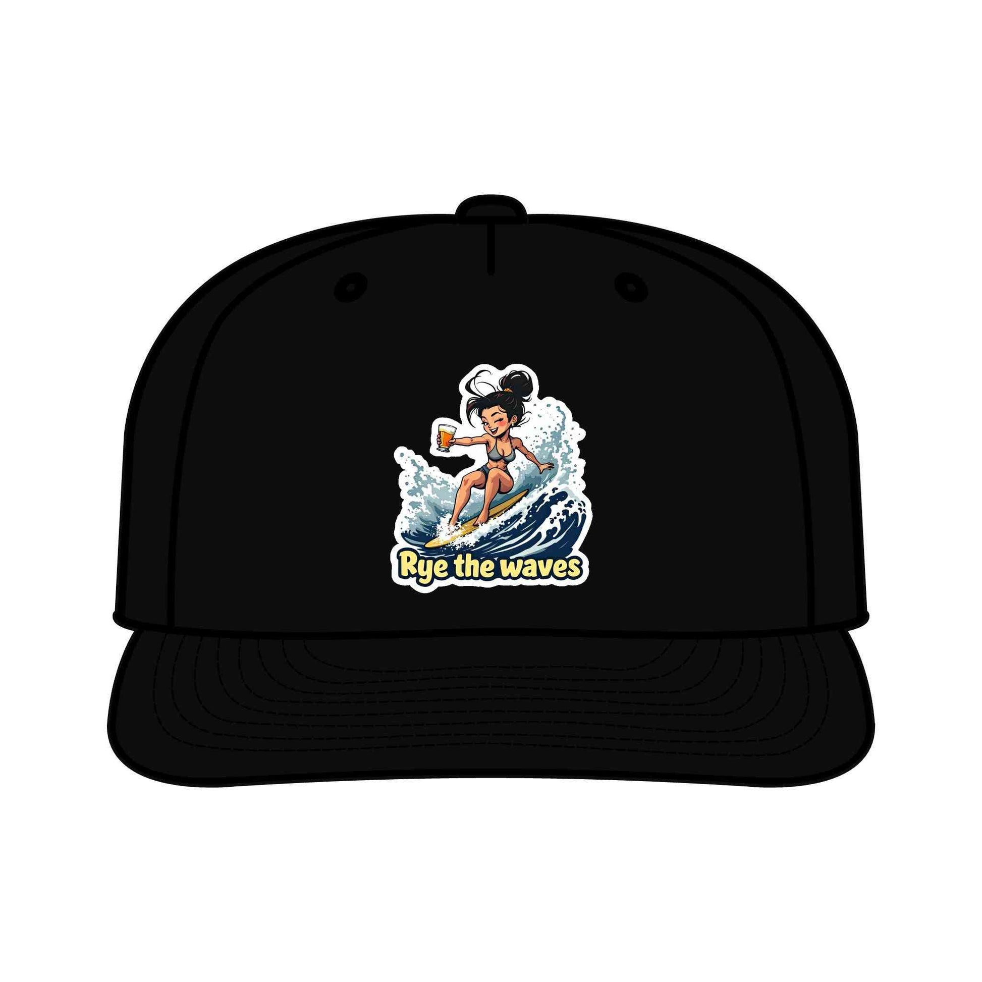 Black Surfers Drinking Hat Eco-Friendly Adventure Cap with bold cartoon surfer and beer design, one-size snapback for eco-conscious adventurers.