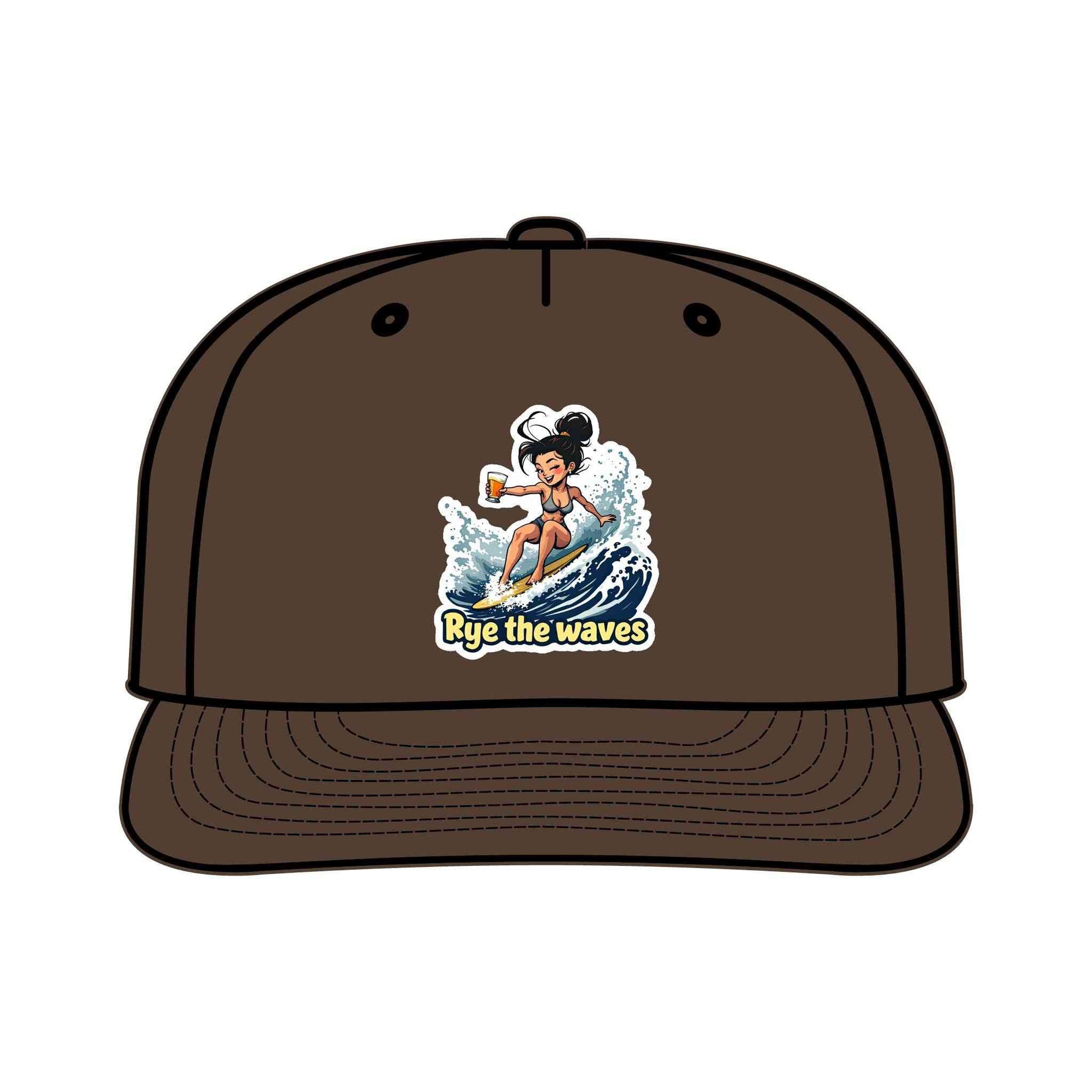 Dark brown Surfers Drinking Hat Eco-Friendly Adventure Cap with cartoon surfer holding beer, sustainable and unstructured for casual wear.