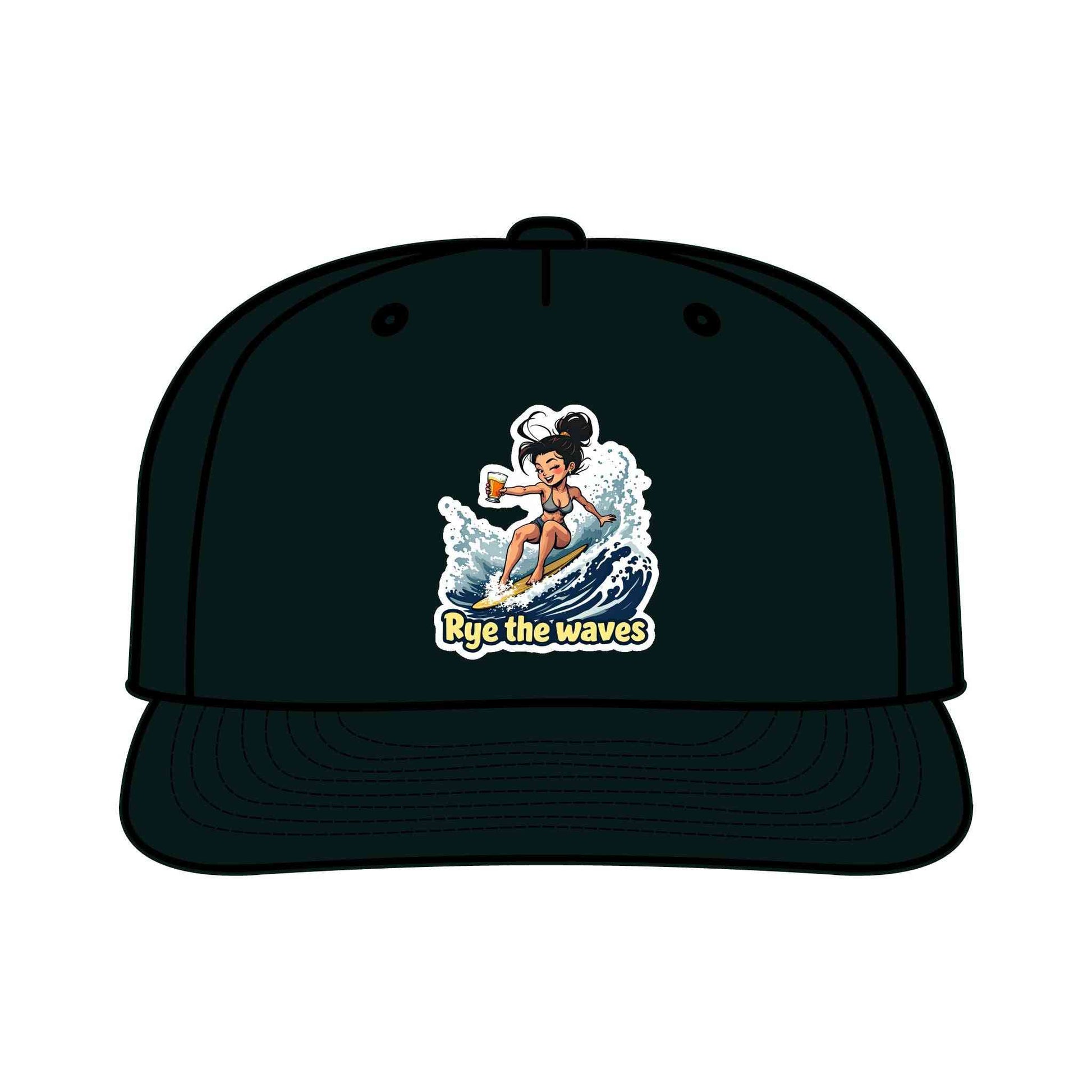 Black Surfers Drinking Hat Eco-Friendly Adventure Cap with bold surfer illustration and 'Rye the Waves' slogan, made from recycled nylon.