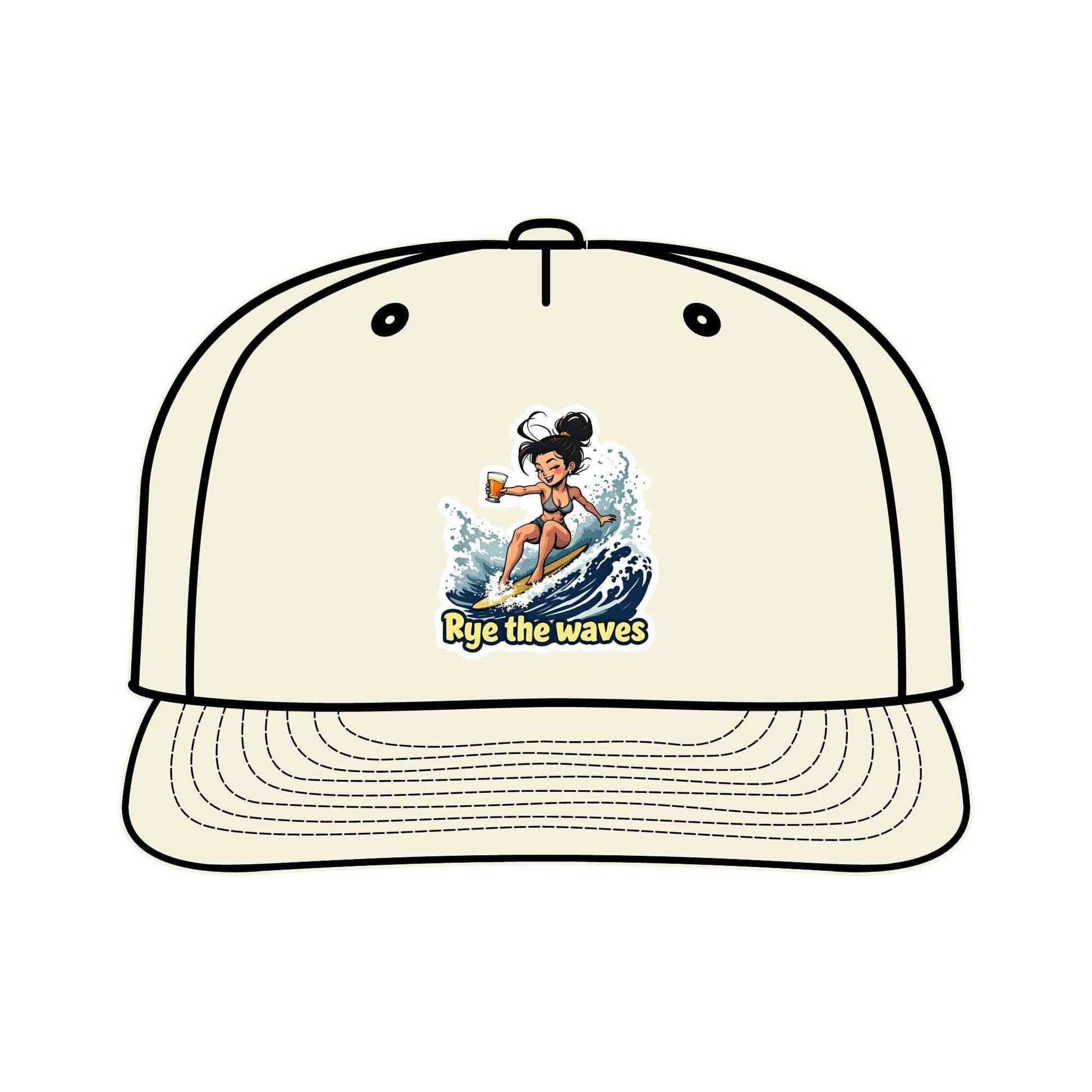 Cream Surfers Drinking Hat Eco-Friendly Adventure Cap with colorful surf design and eco-conscious message, adjustable for all head sizes.