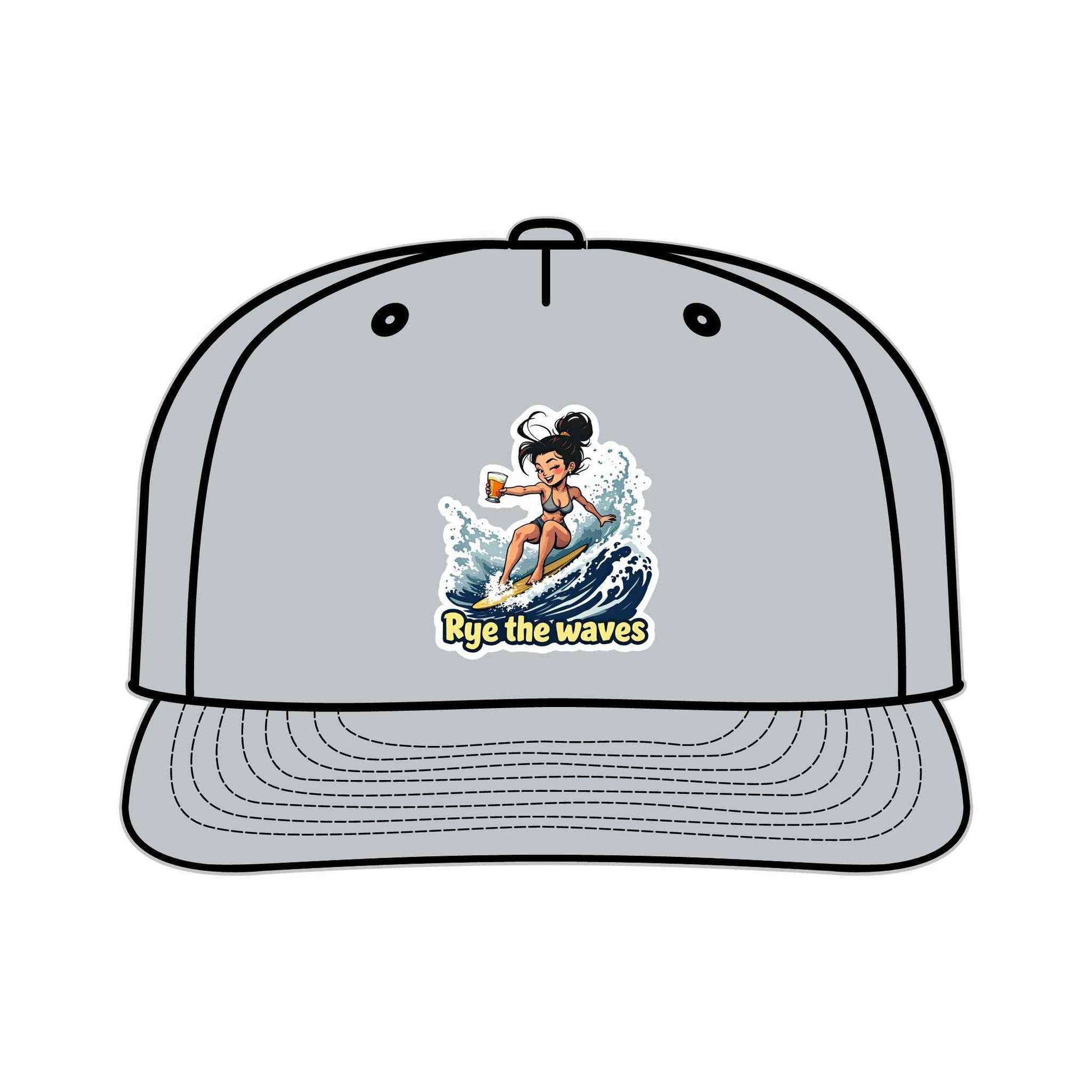 Silver Surfers Drinking Hat Eco-Friendly Adventure Cap with colorful surfer artwork and quick-dry recycled nylon material.
