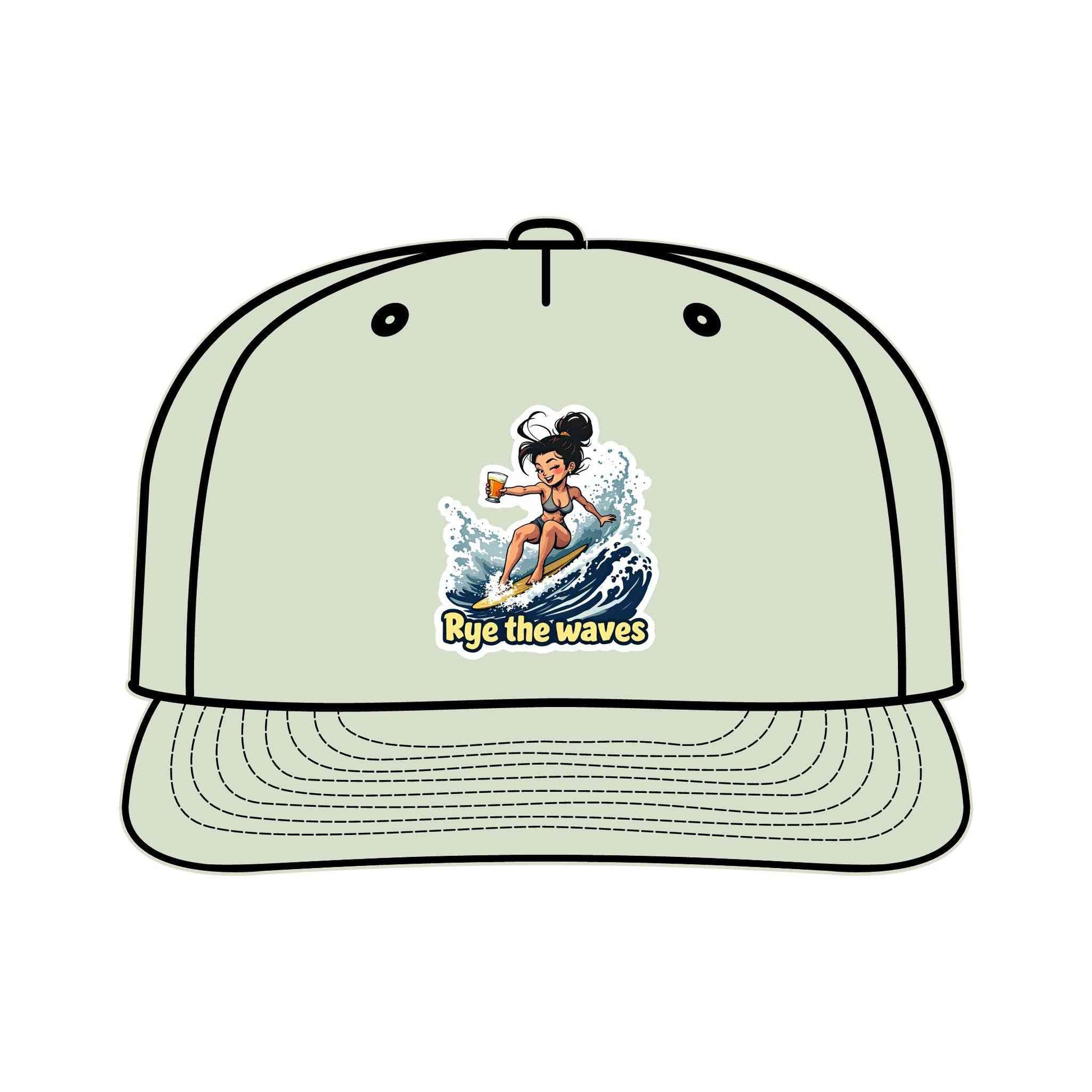 Mint green Surfers Drinking Hat Eco-Friendly Adventure Cap with cartoon surfer and 'Rye the waves' text, sustainable and stylish for all ages.