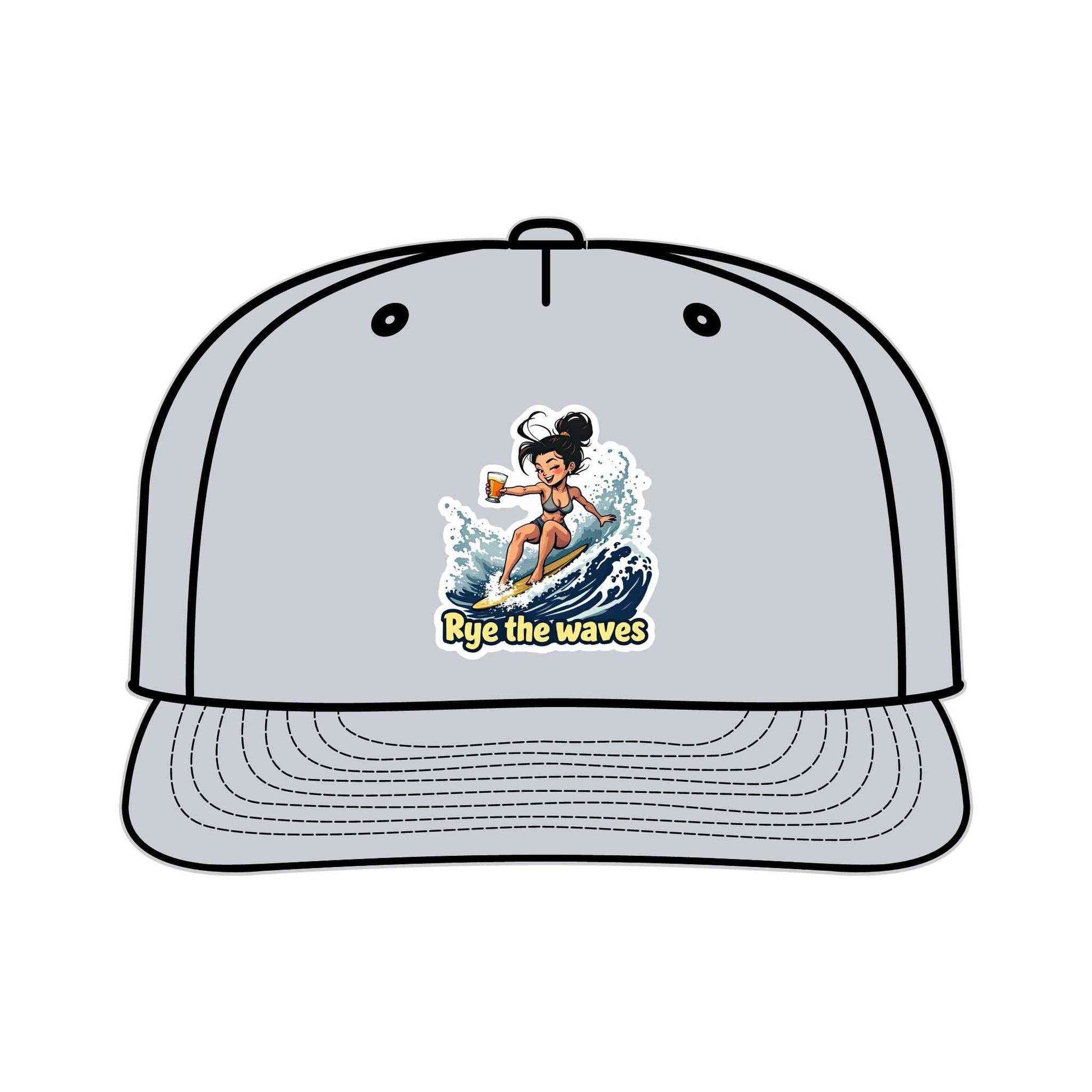 Light gray Surfers Drinking Hat Eco-Friendly Adventure Cap showcasing a cartoon surfer and sustainable fashion appeal.
